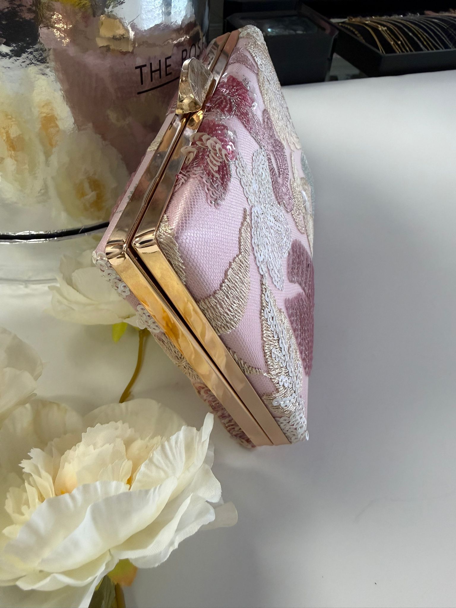 Blush Pink Sequin Floral Evening Clutch Bag