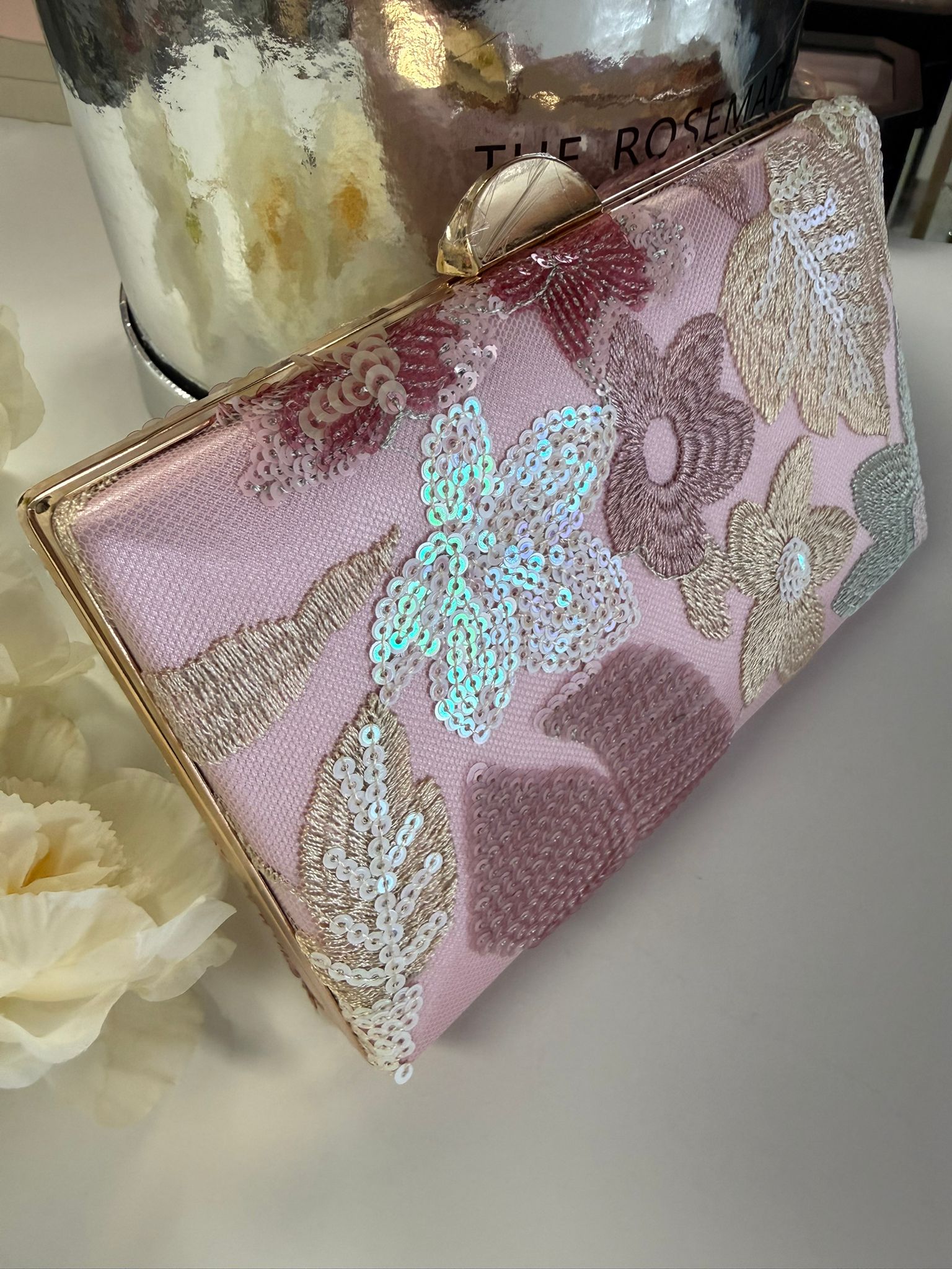 Blush Pink Sequin Floral Evening Clutch Bag