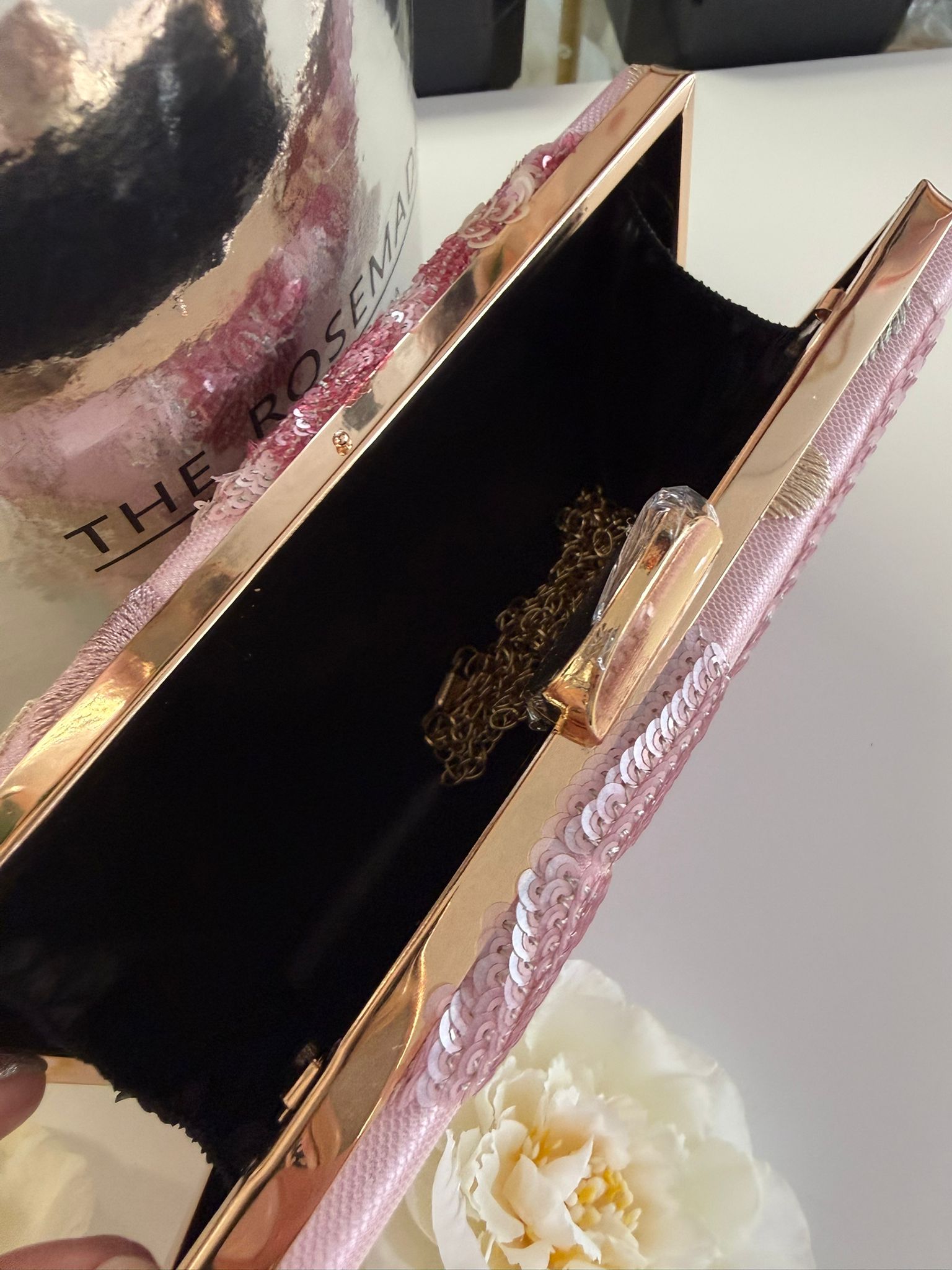 Blush Pink Sequin Floral Evening Clutch Bag