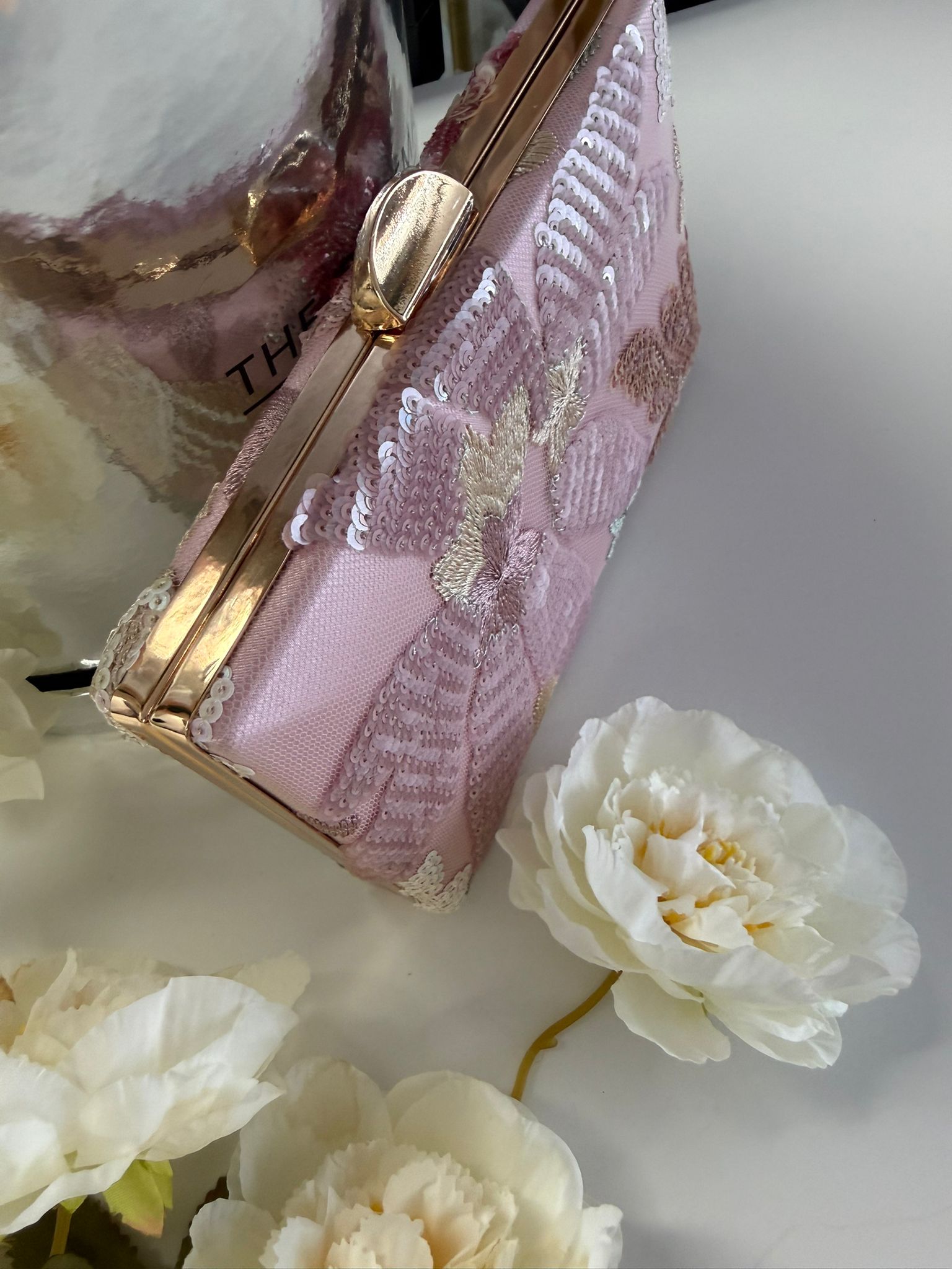 Blush Pink Sequin Floral Evening Clutch Bag