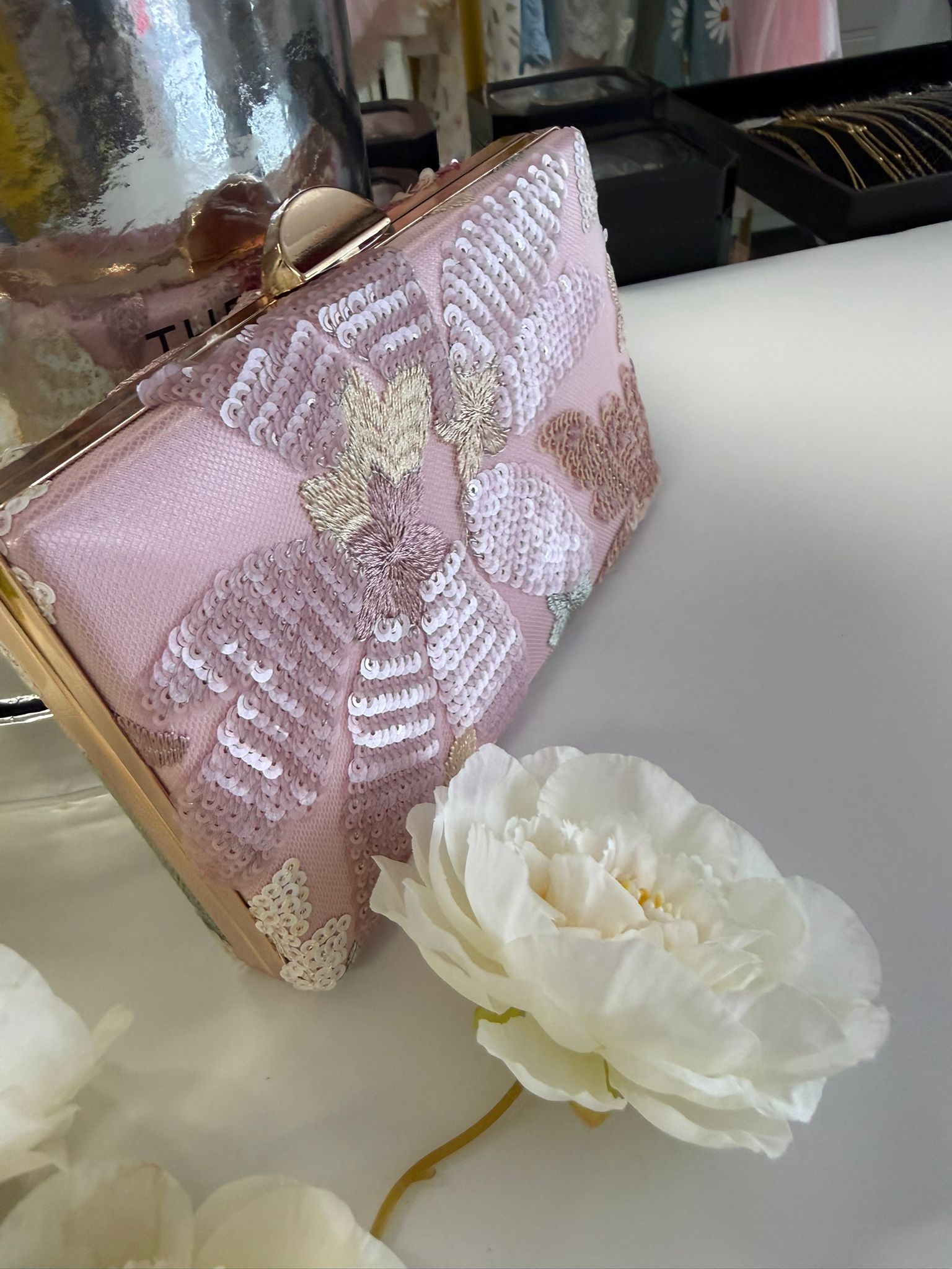Blush Pink Sequin Floral Evening Clutch Bag