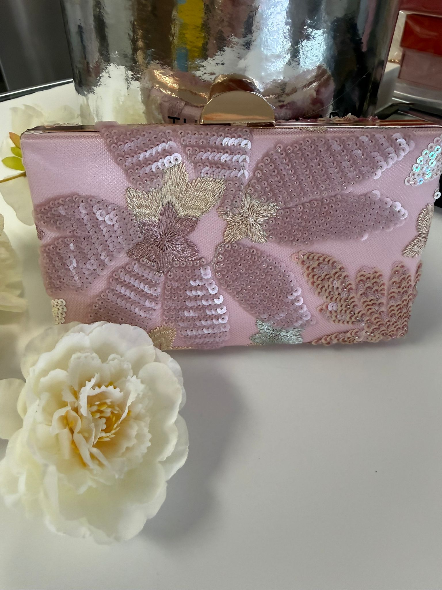Blush Pink Sequin Floral Evening Clutch Bag