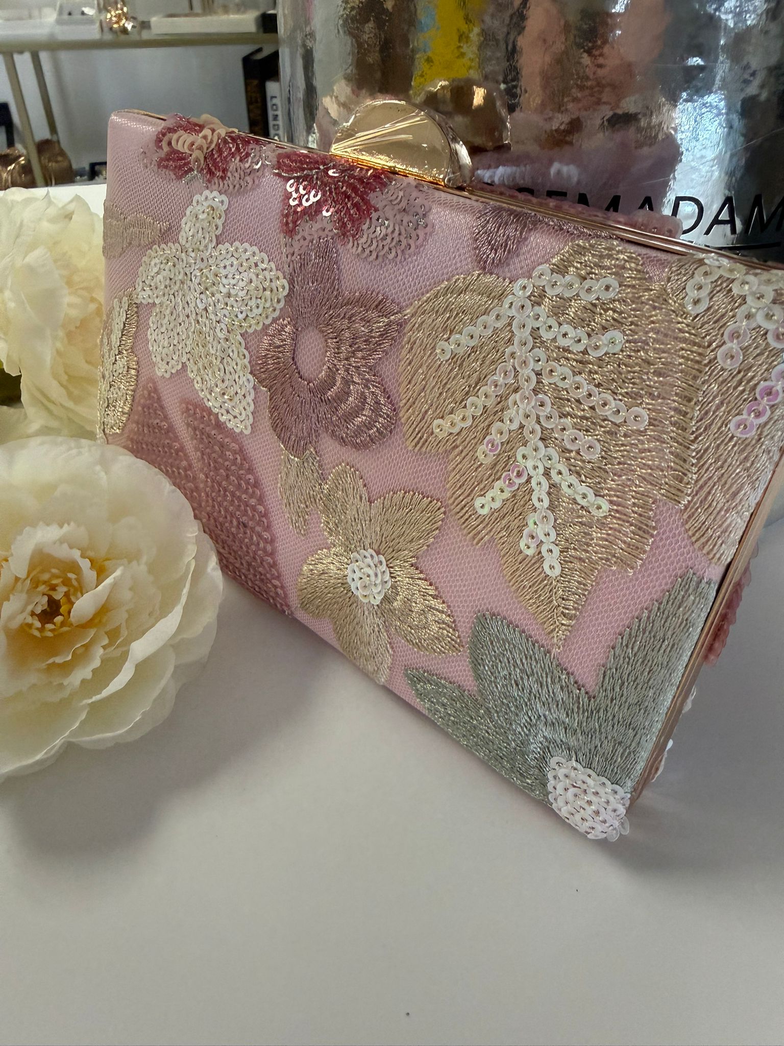 Blush Pink Sequin Floral Evening Clutch Bag