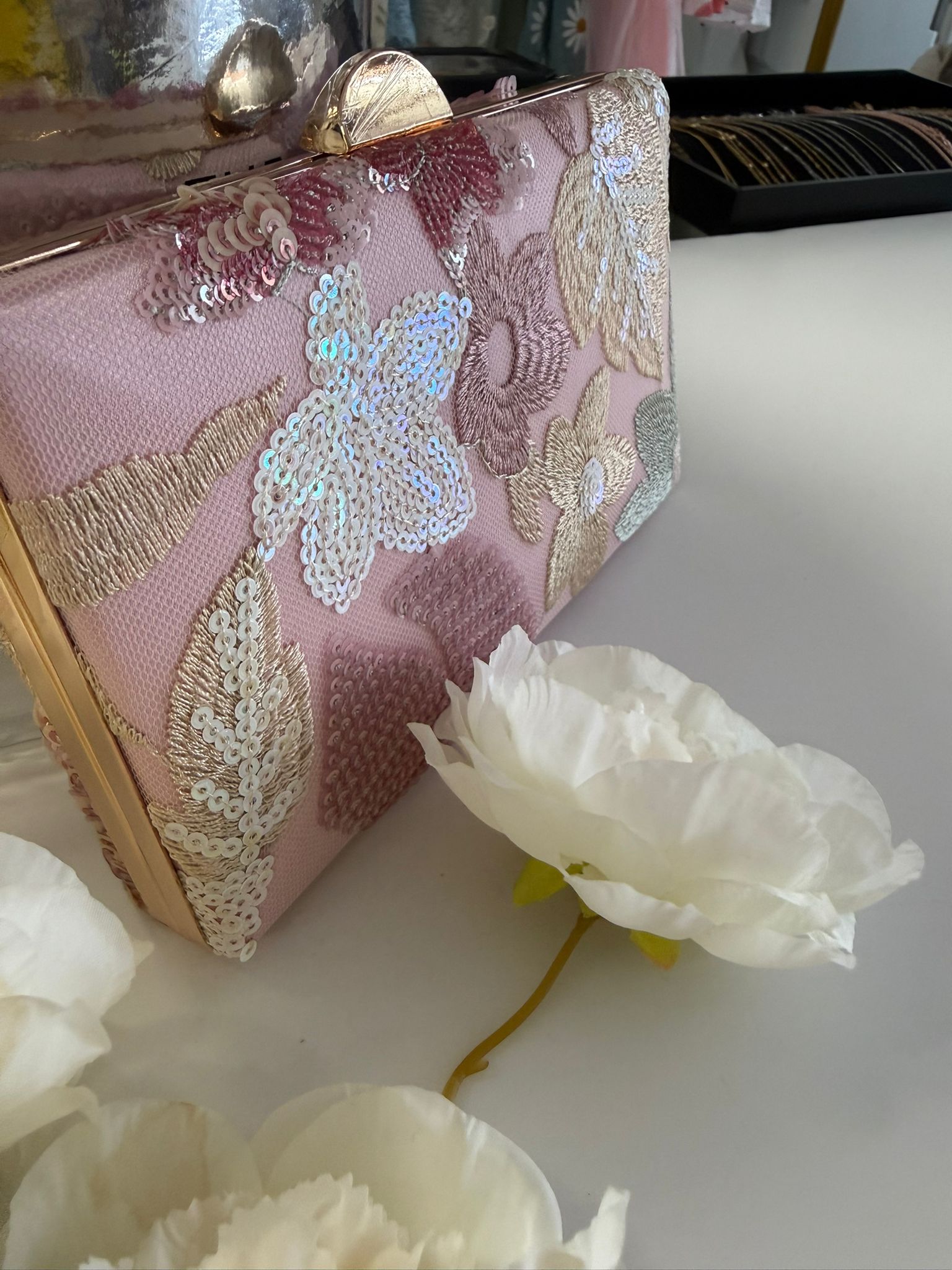 Blush Pink Sequin Floral Evening Clutch Bag