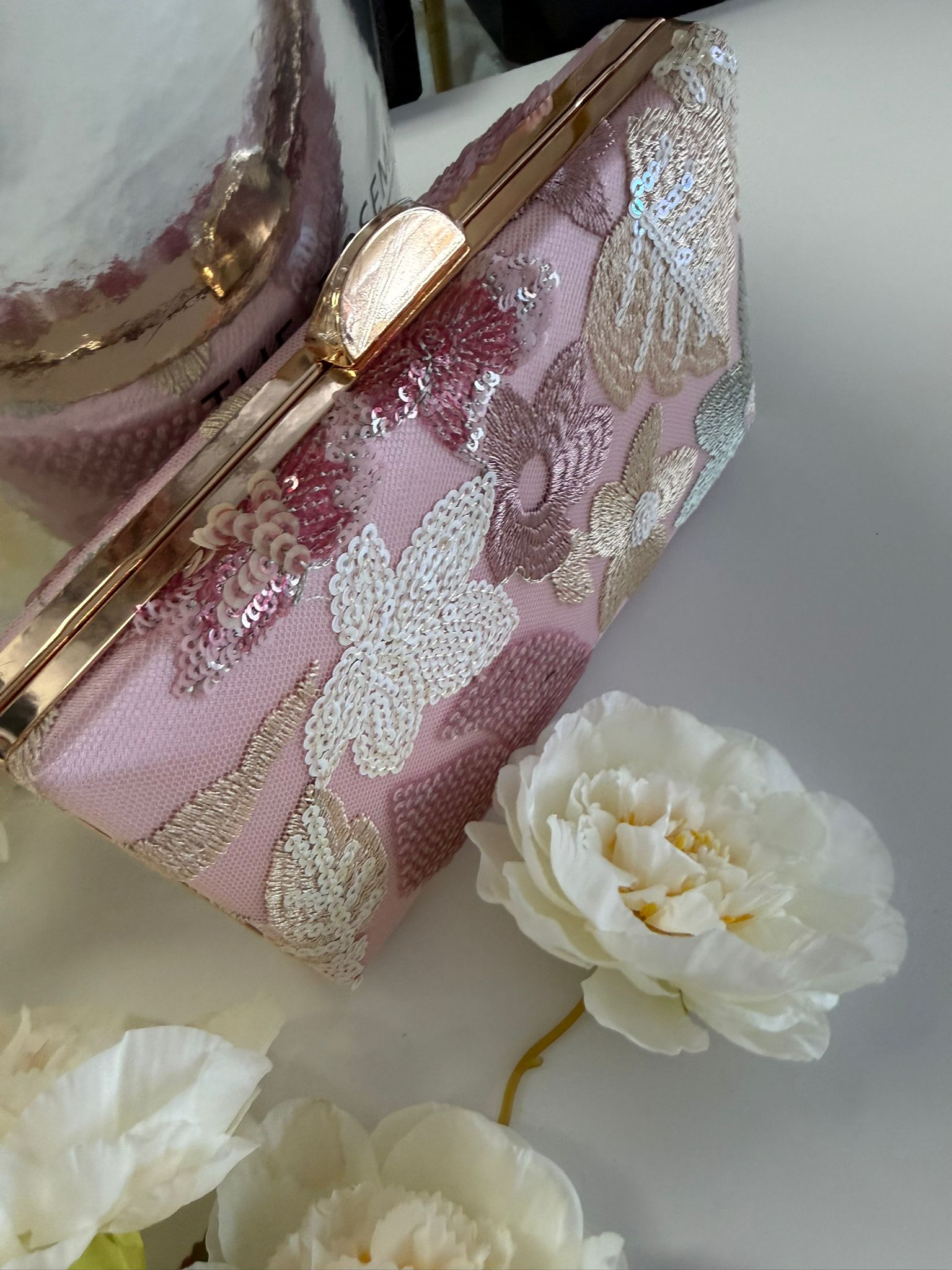 Blush Pink Sequin Floral Evening Clutch Bag