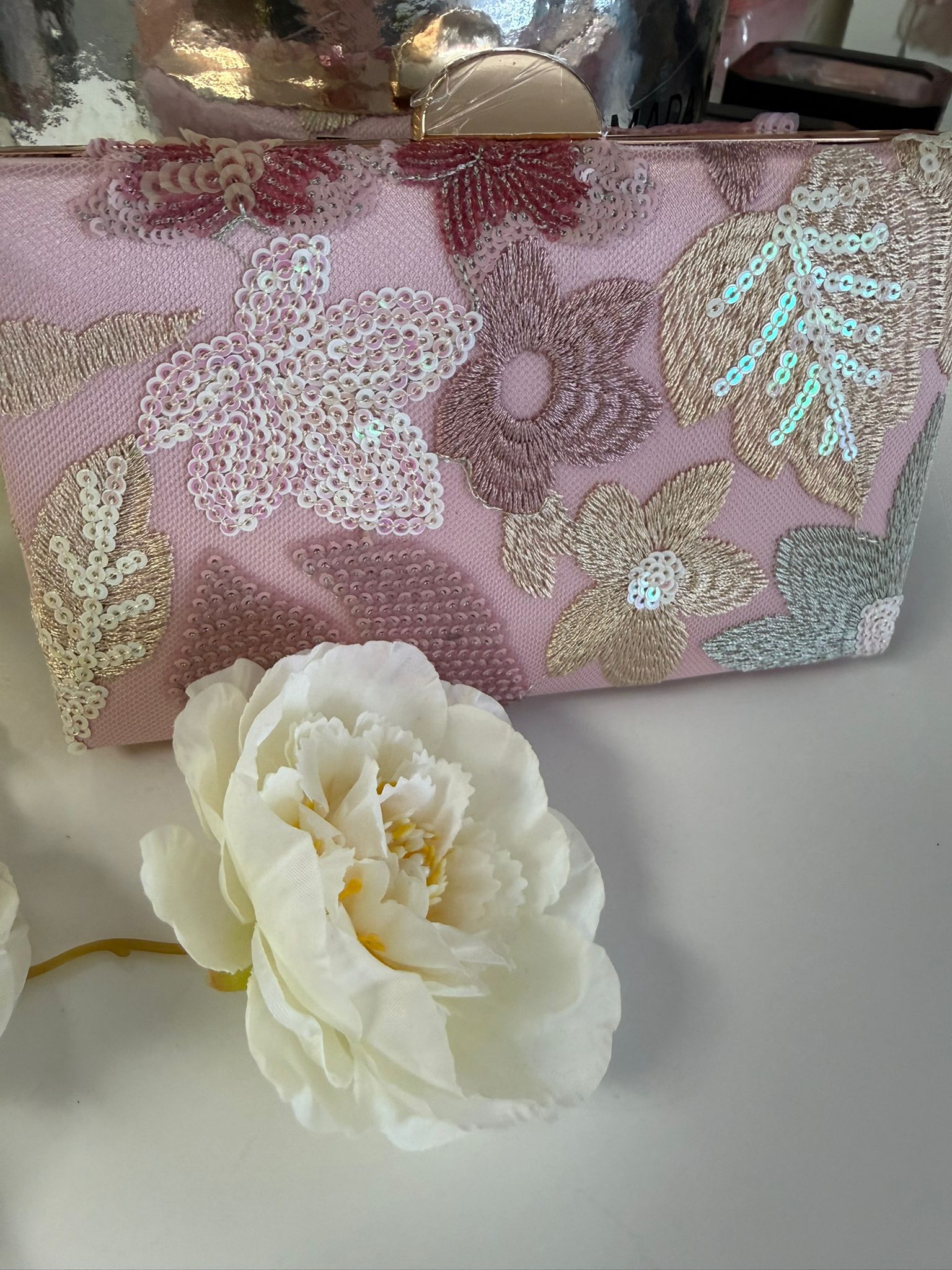 Blush Pink Sequin Floral Evening Clutch Bag