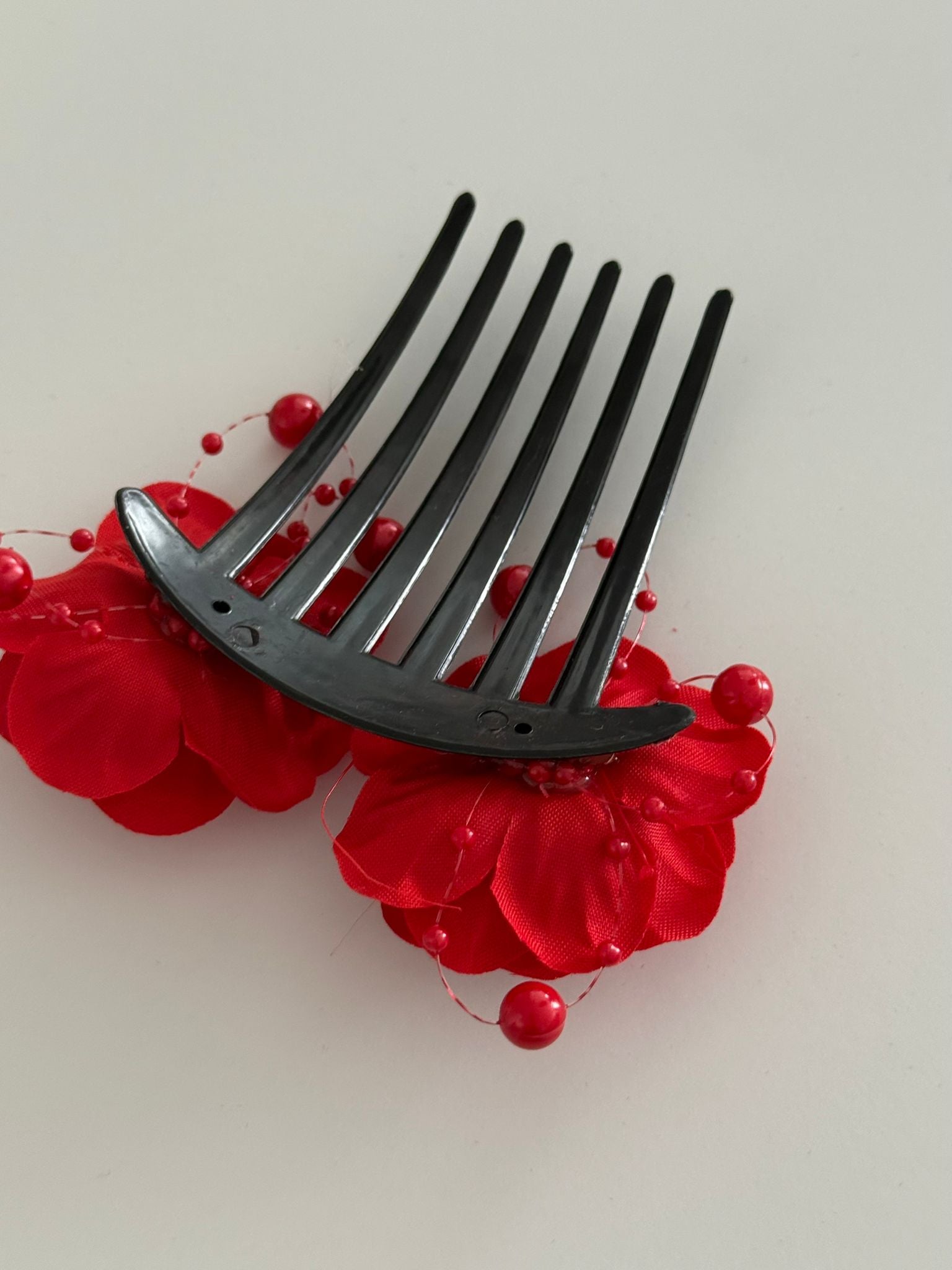 Red Rose Floral Hair Comb with Decorative Pearl Accents