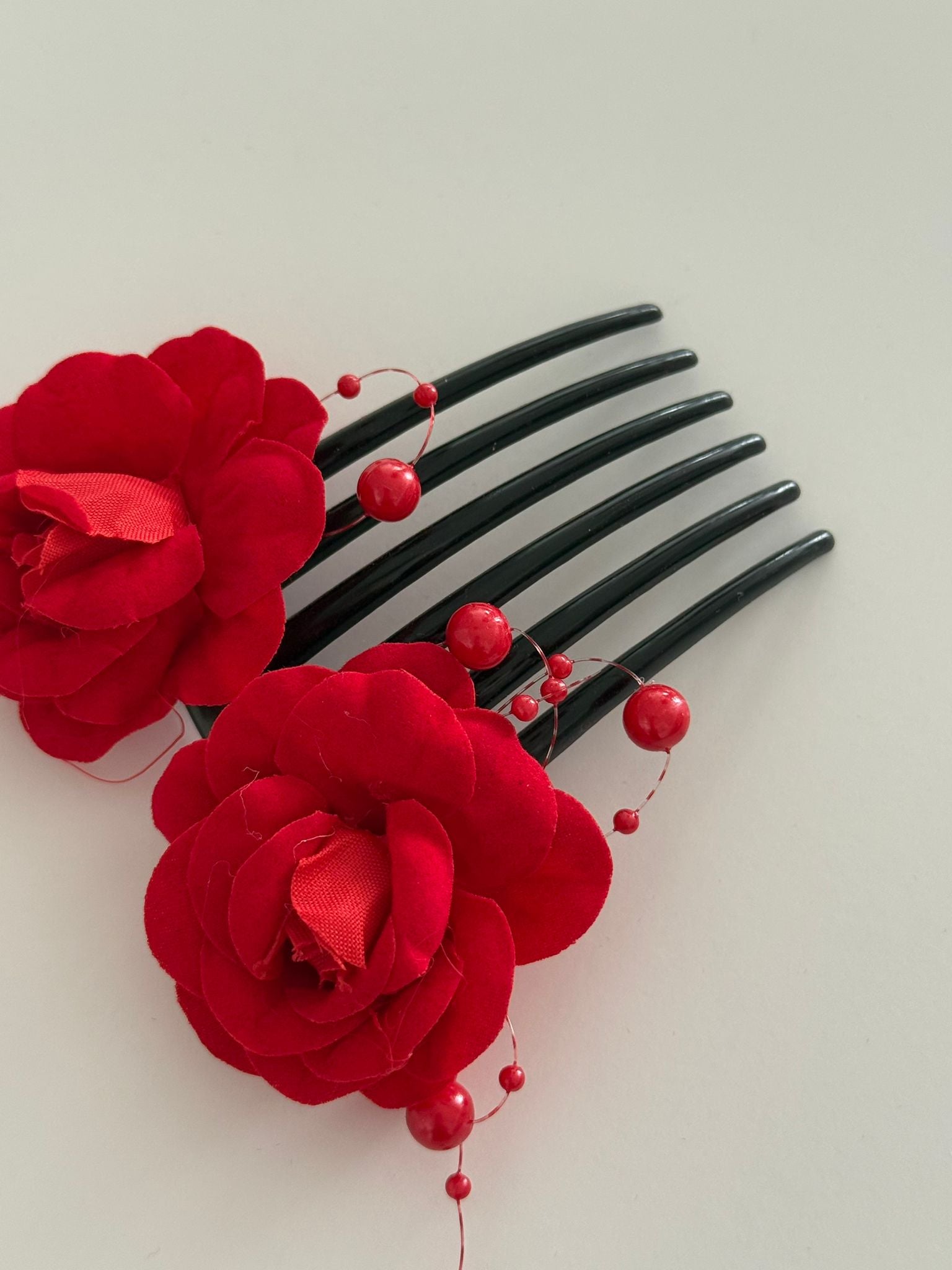 Red Rose Floral Hair Comb with Decorative Pearl Accents