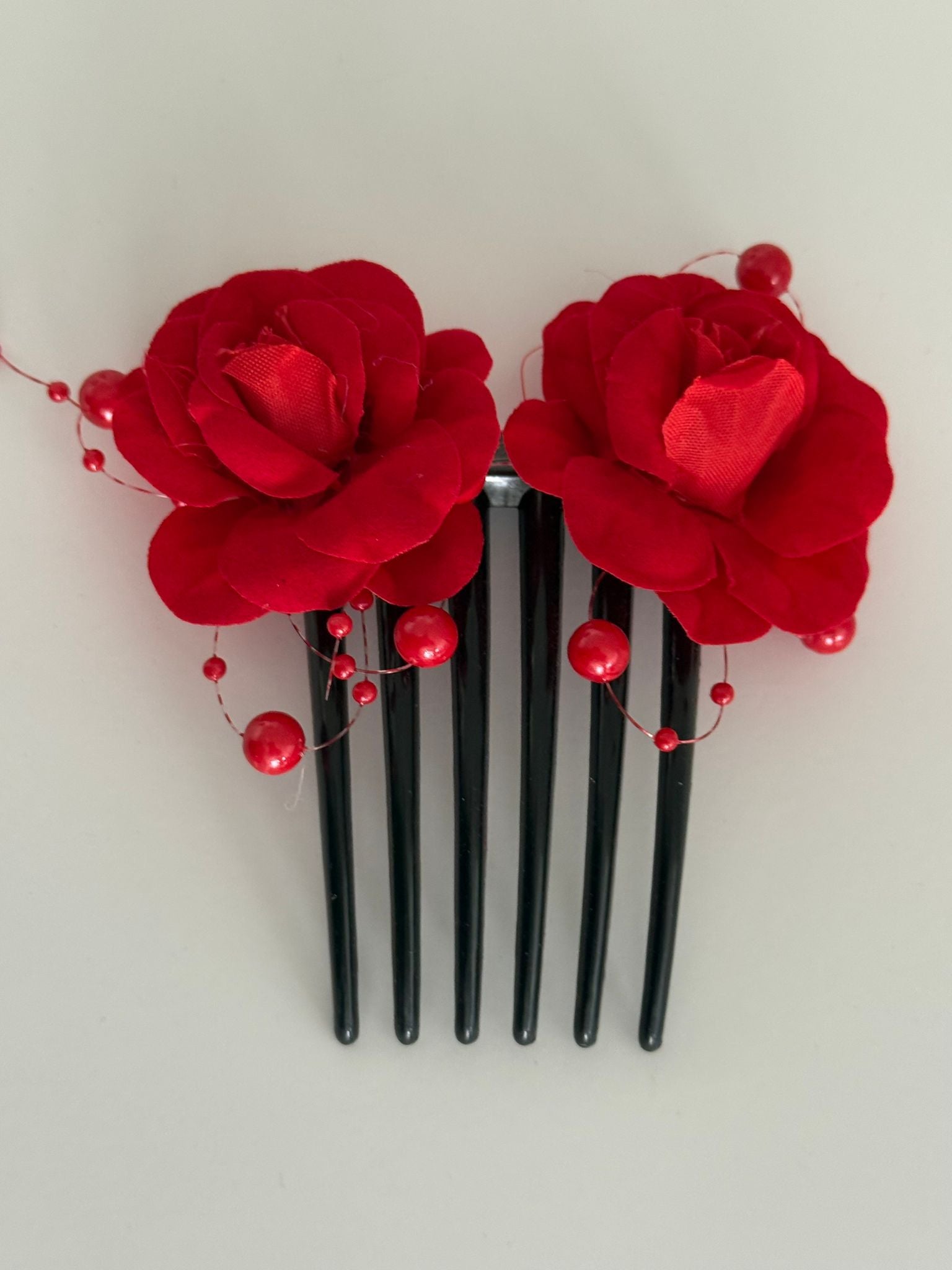 Red Rose Floral Hair Comb with Decorative Pearl Accents