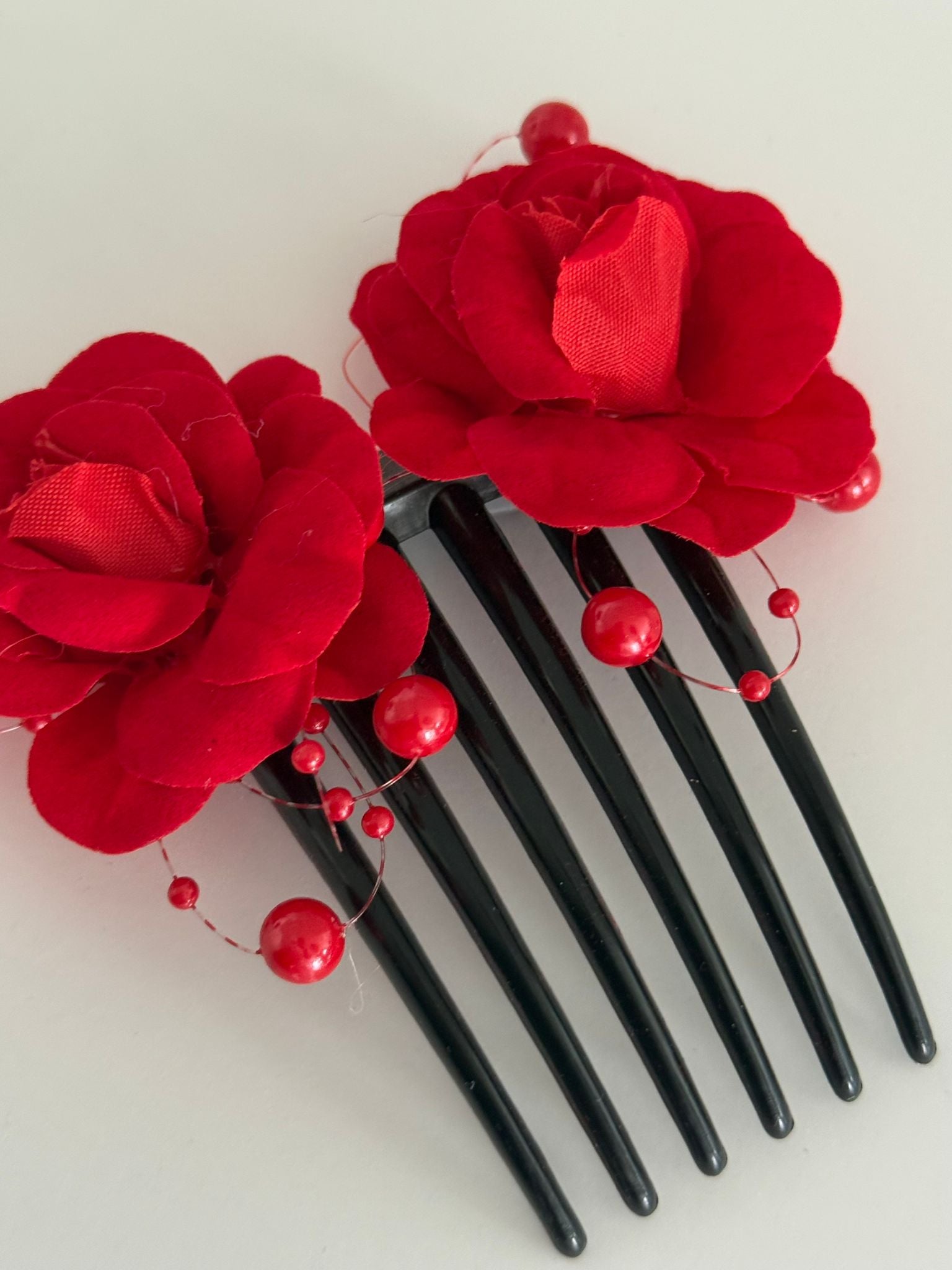 Red Rose Floral Hair Comb with Decorative Pearl Accents