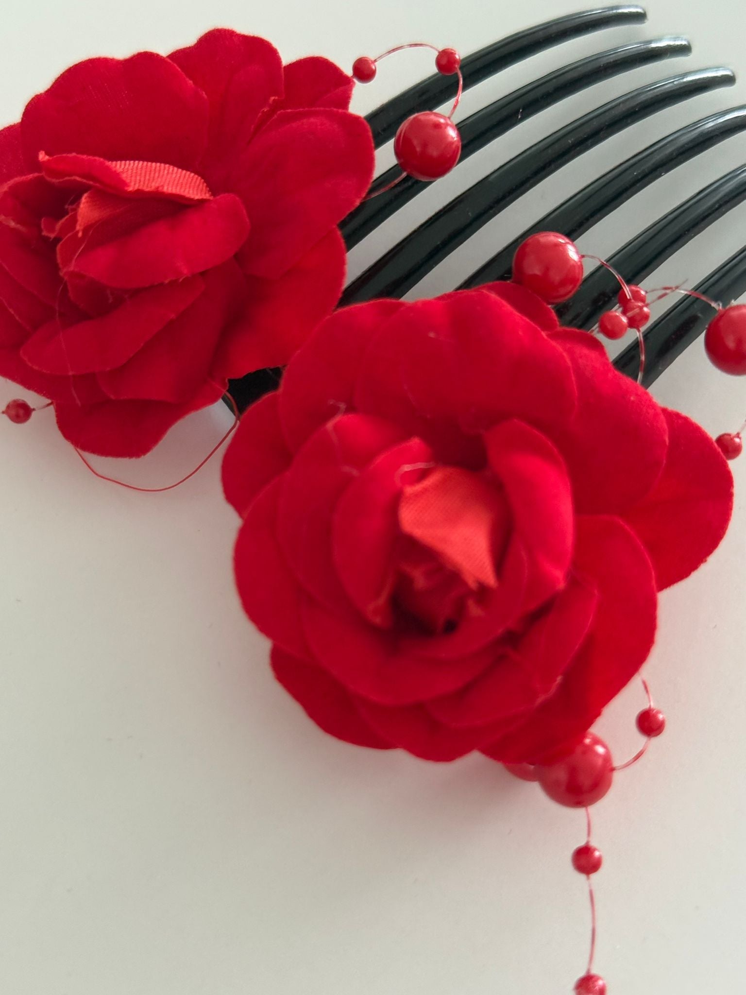 Red Rose Floral Hair Comb with Decorative Pearl Accents