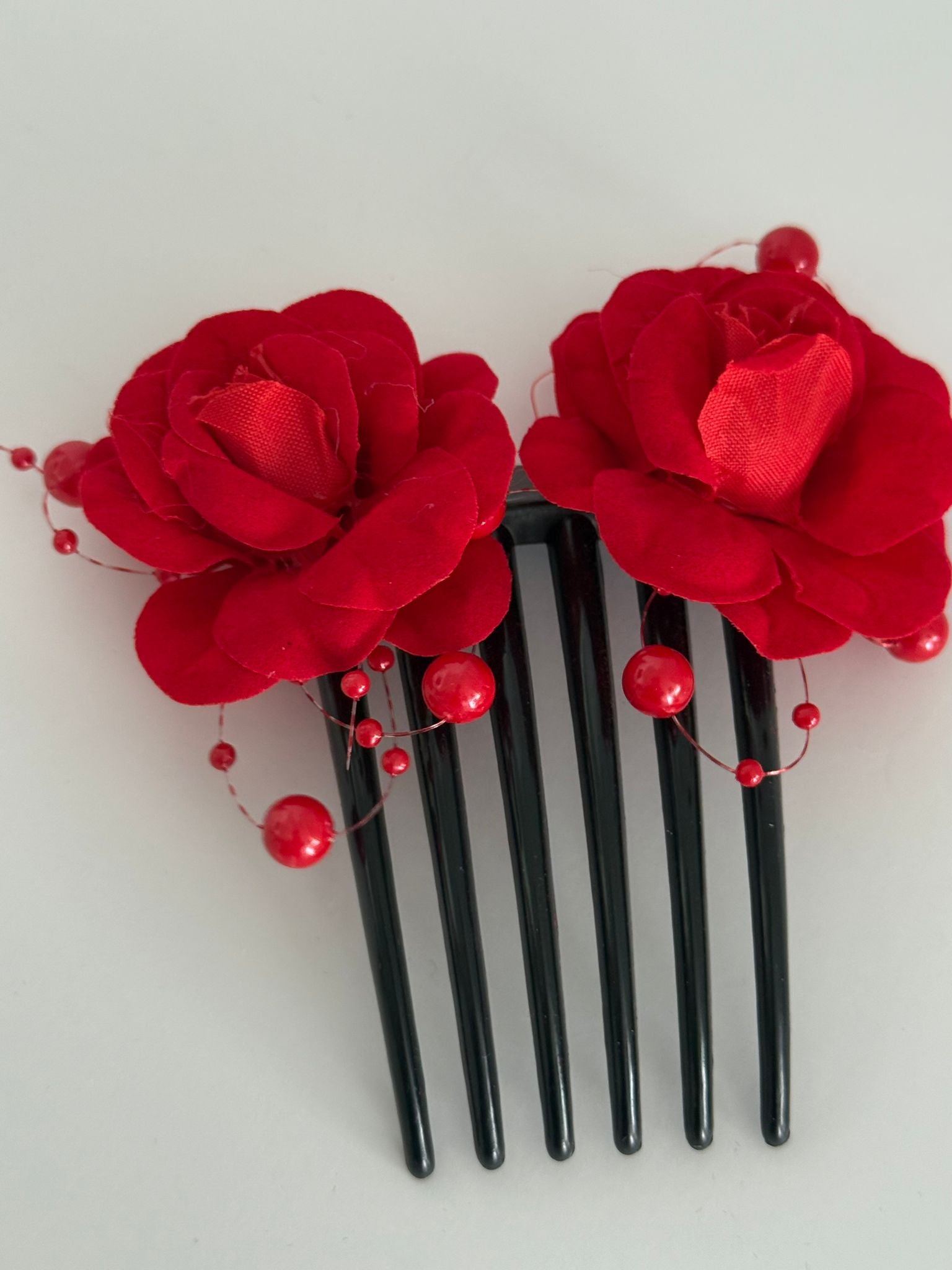 Red Rose Floral Hair Comb with Decorative Pearl Accents