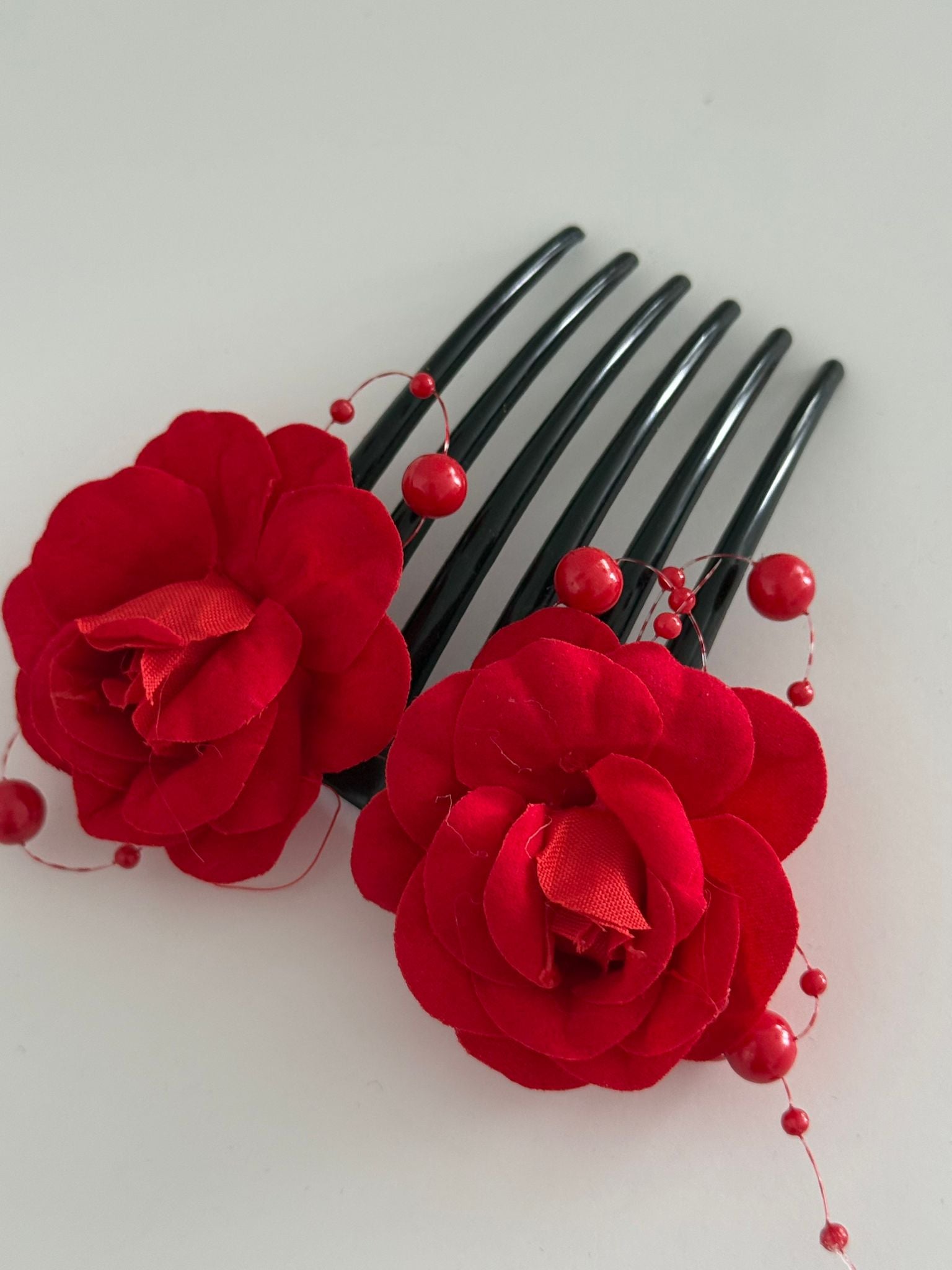 Red Rose Floral Hair Comb with Decorative Pearl Accents
