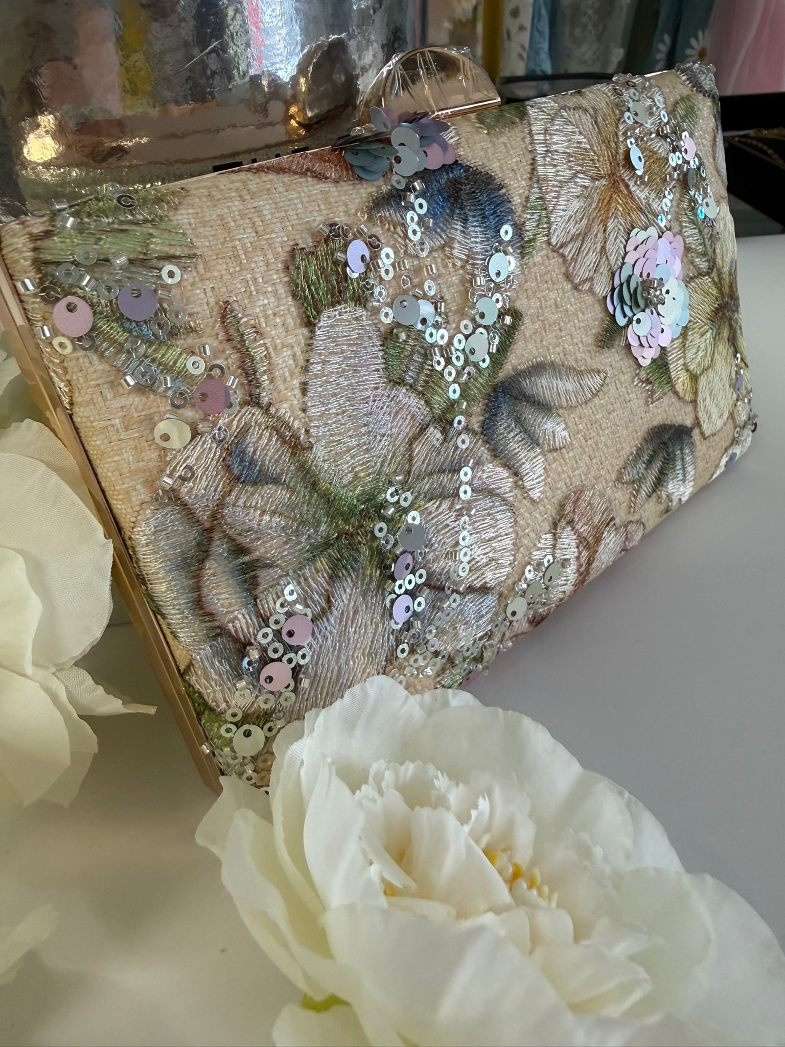 Floral Sequin Evening Clutch Bag with Chain Strap