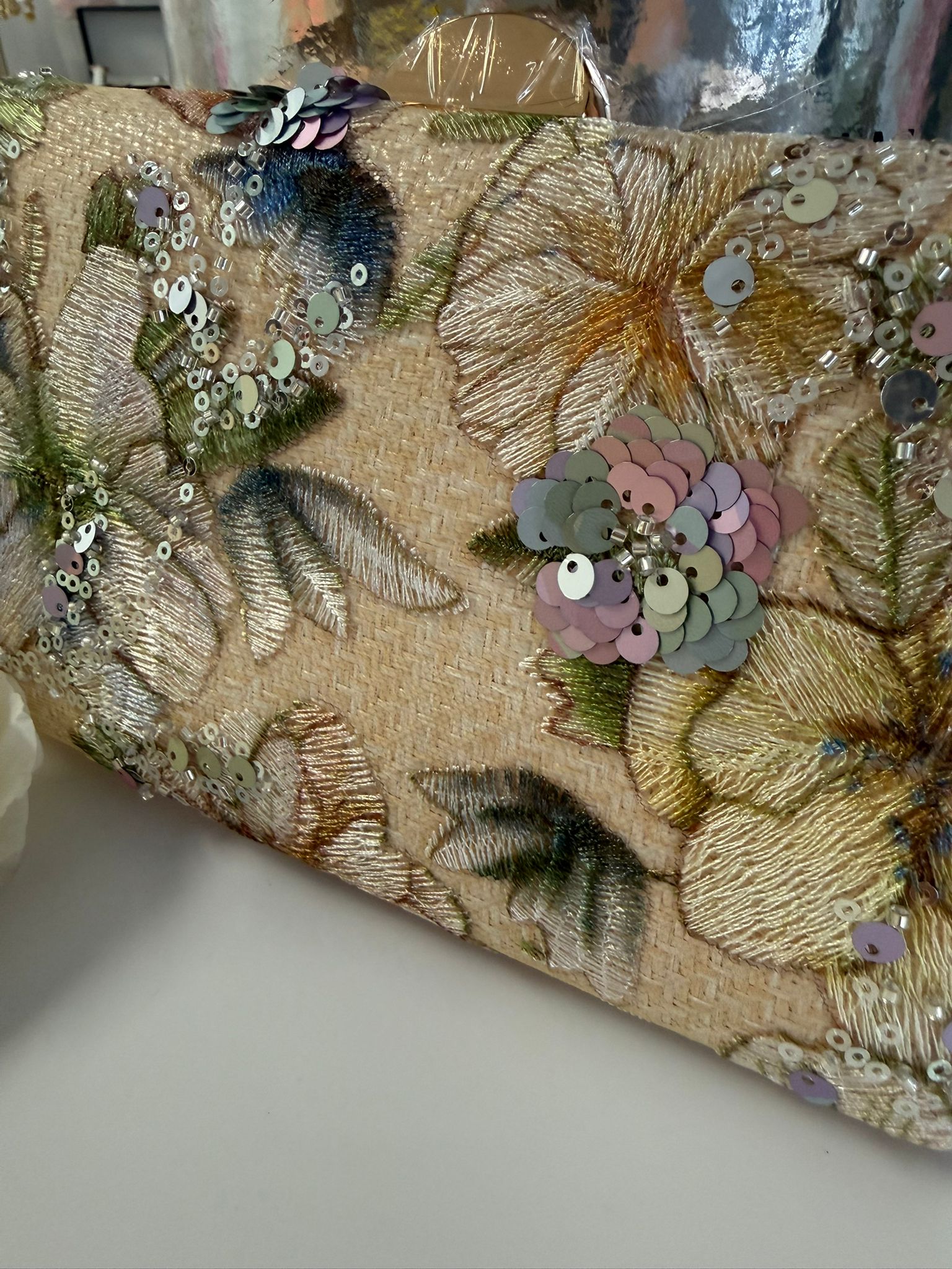 Floral Sequin Evening Clutch Bag with Chain Strap