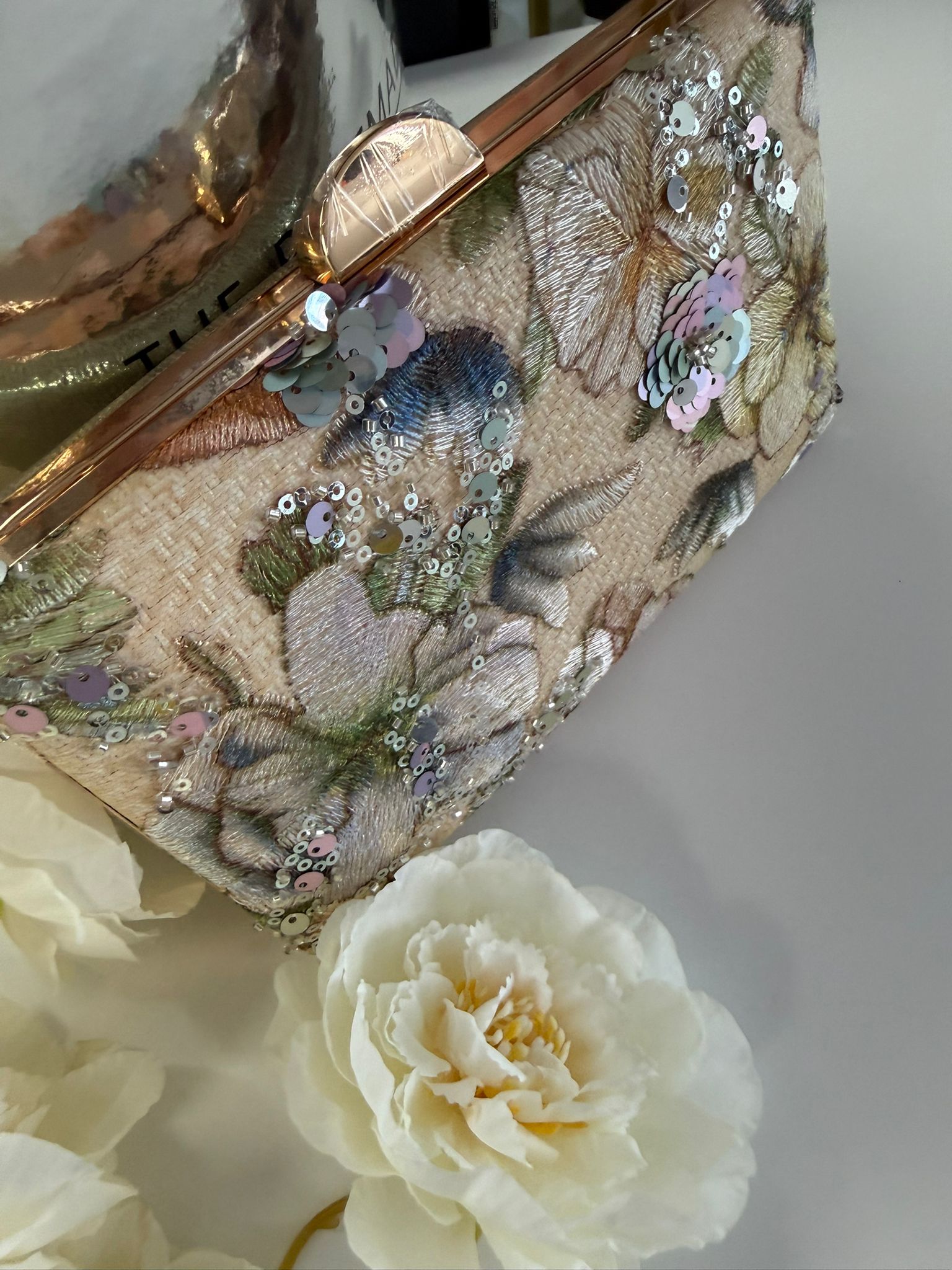 Floral Sequin Evening Clutch Bag with Chain Strap