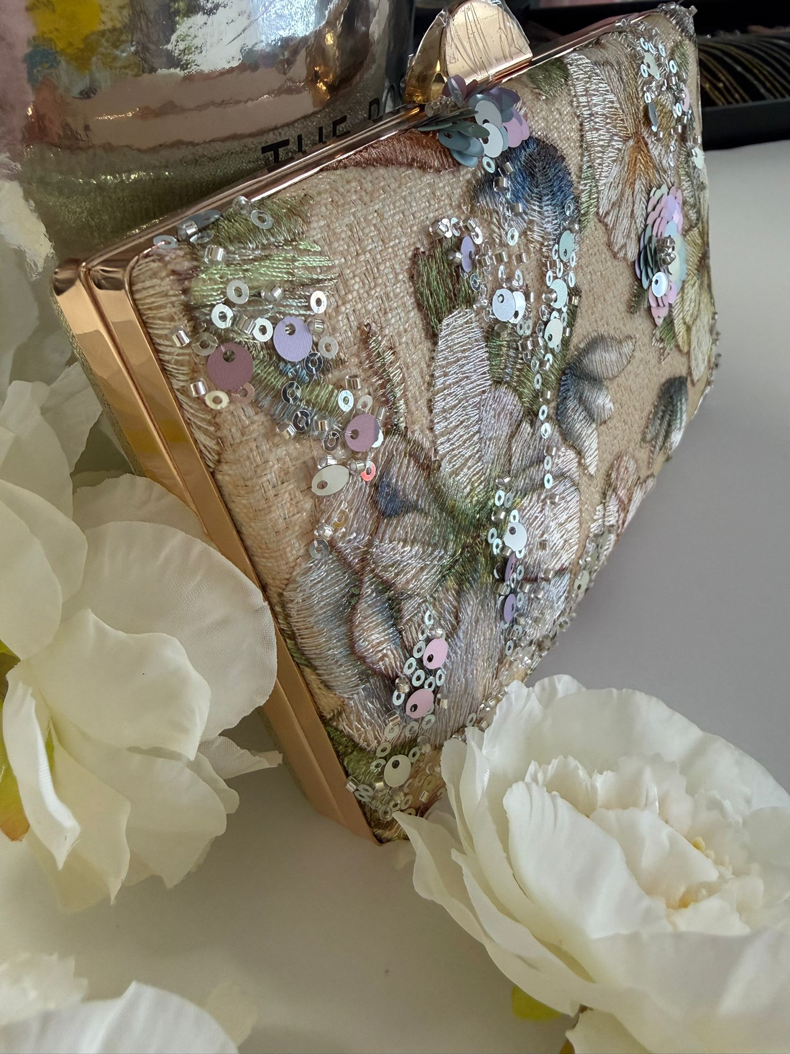 Floral Sequin Evening Clutch Bag with Chain Strap