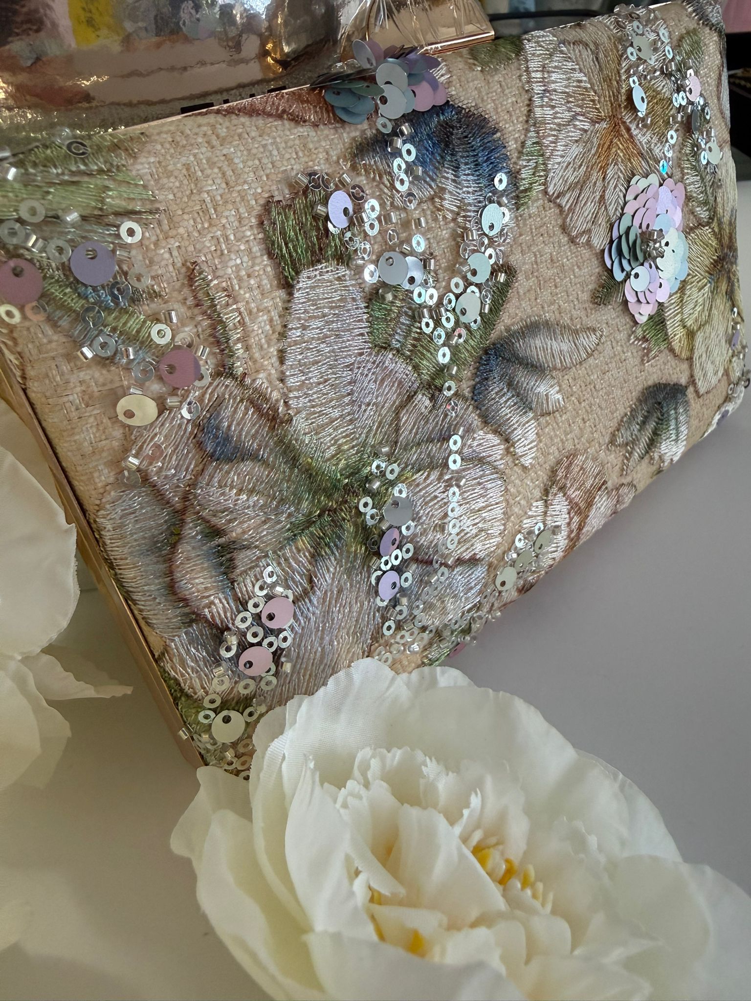 Floral Sequin Evening Clutch Bag with Chain Strap