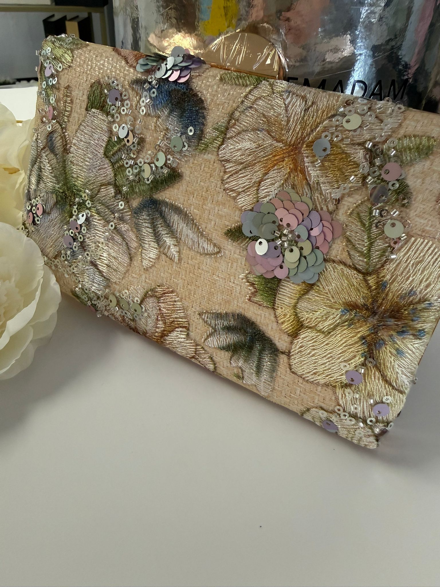 Floral Sequin Evening Clutch Bag with Chain Strap
