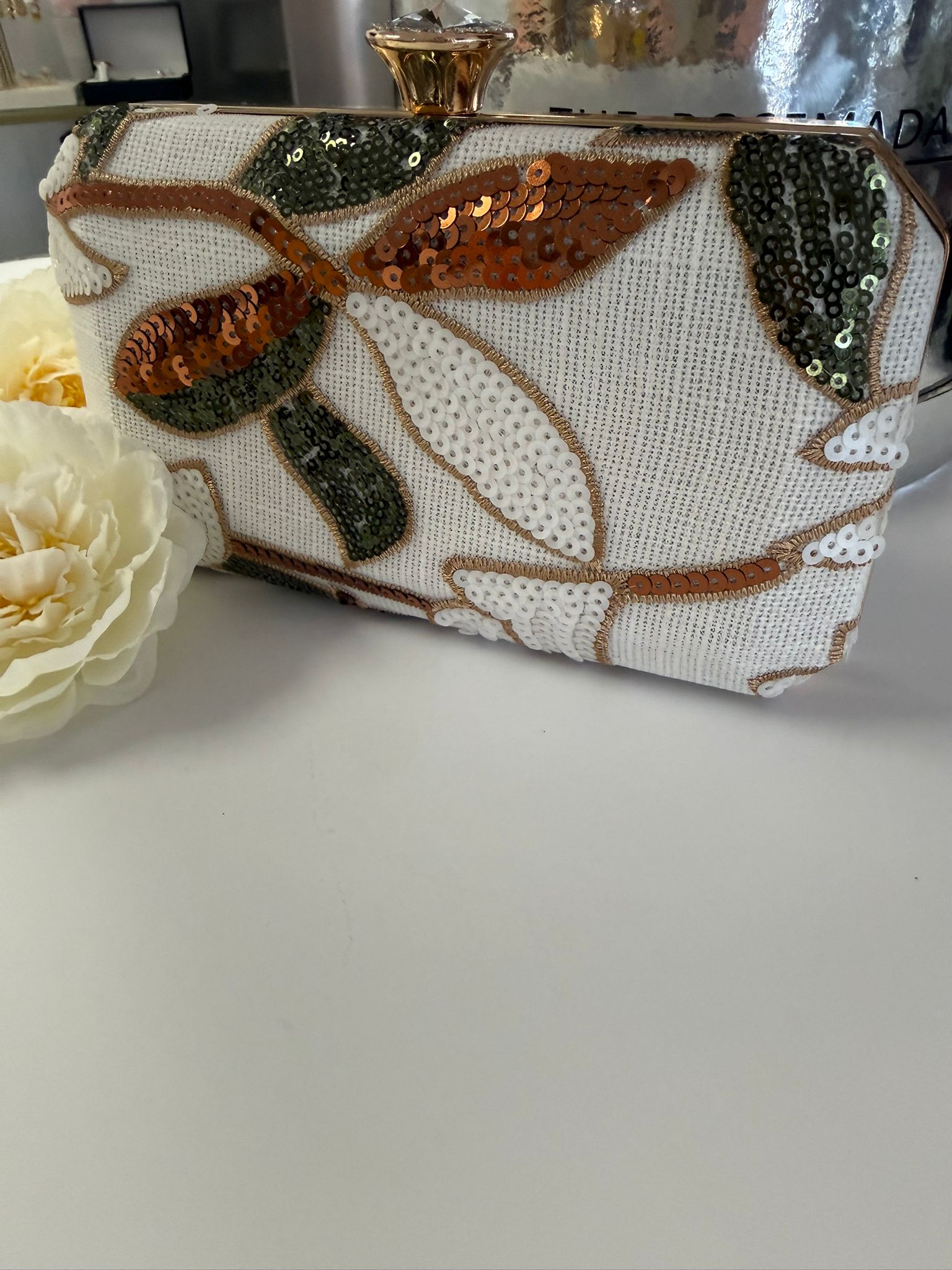 Luxury White Floral Sequin Evening Clutch