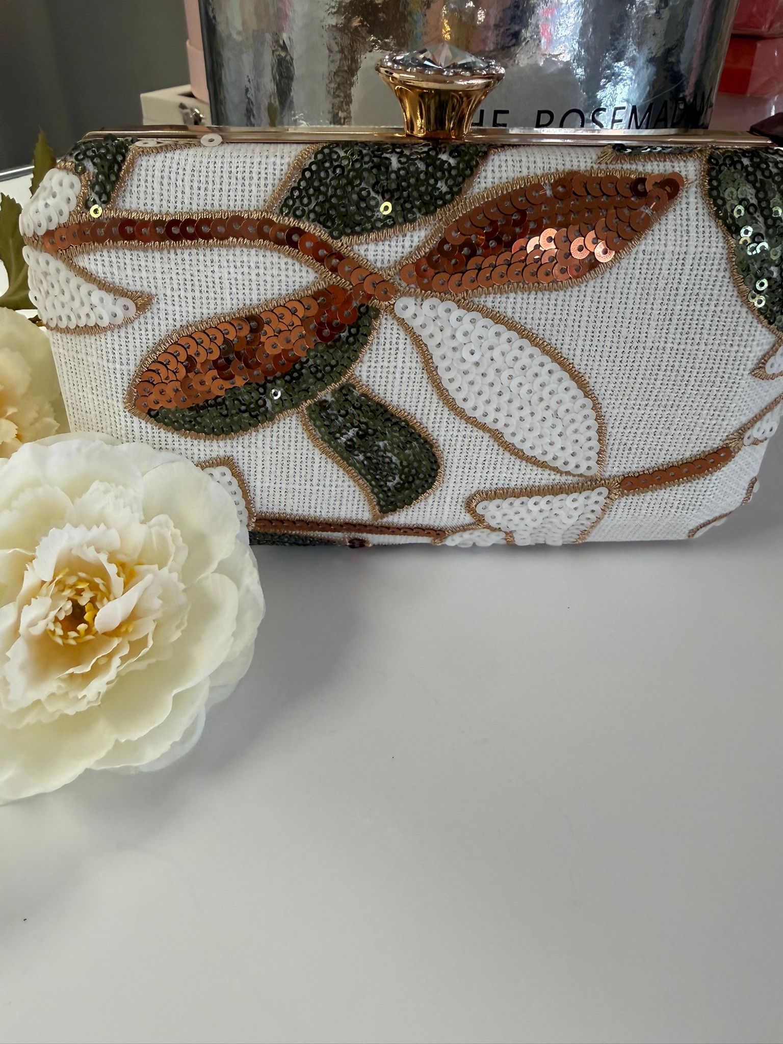 Luxury White Floral Sequin Evening Clutch