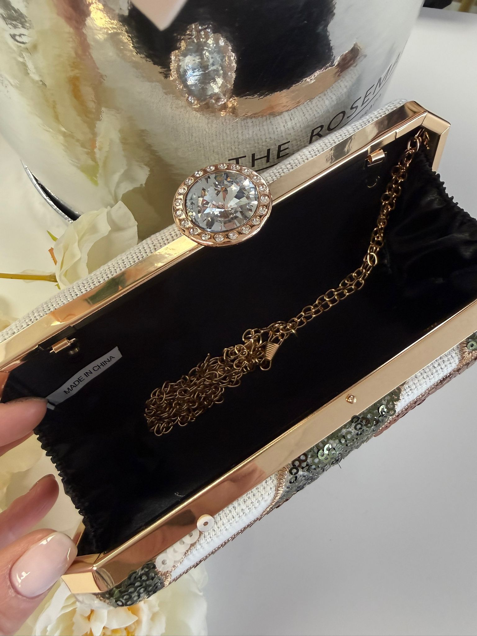 Luxury White Floral Sequin Evening Clutch