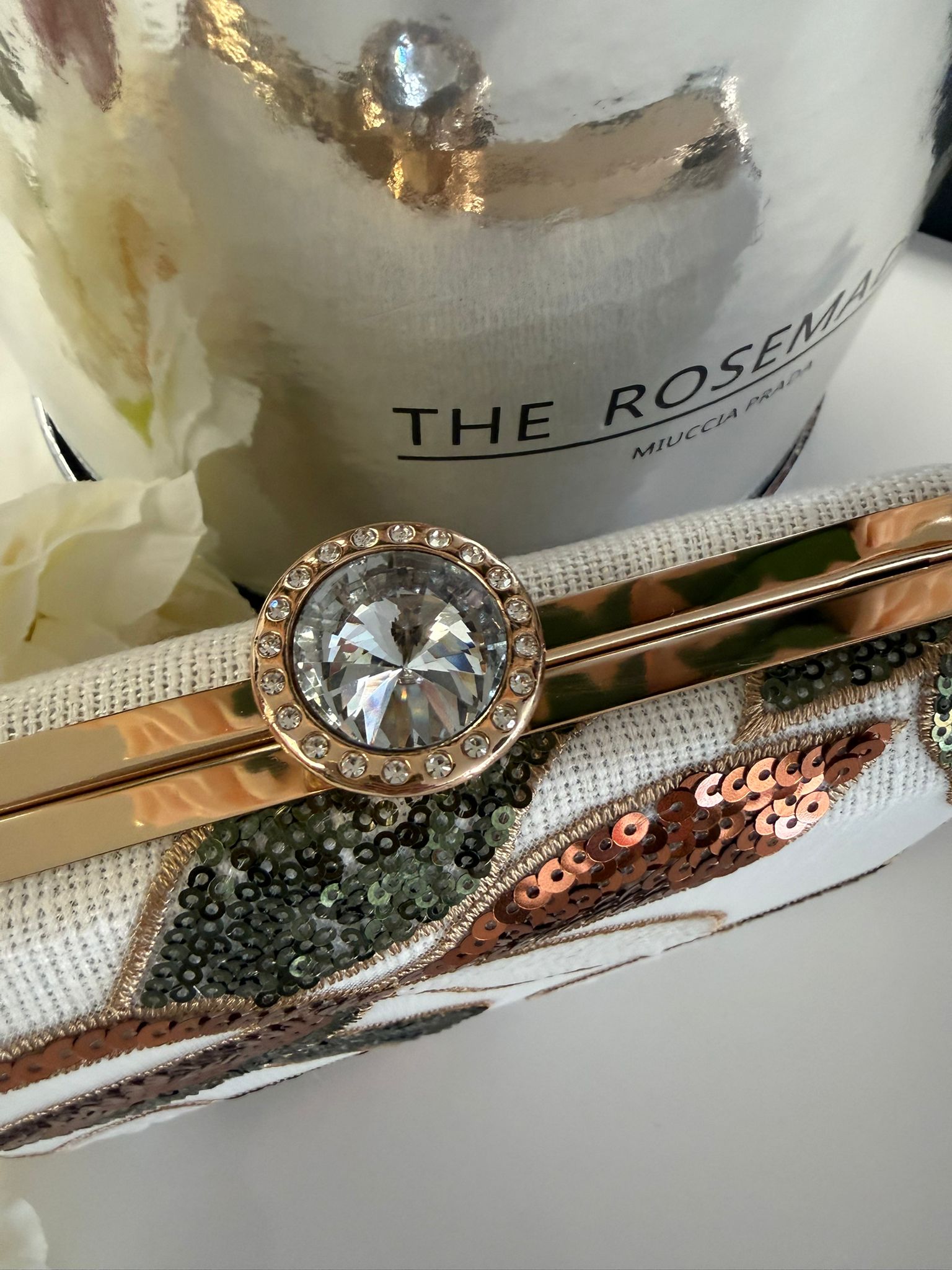 Luxury White Floral Sequin Evening Clutch