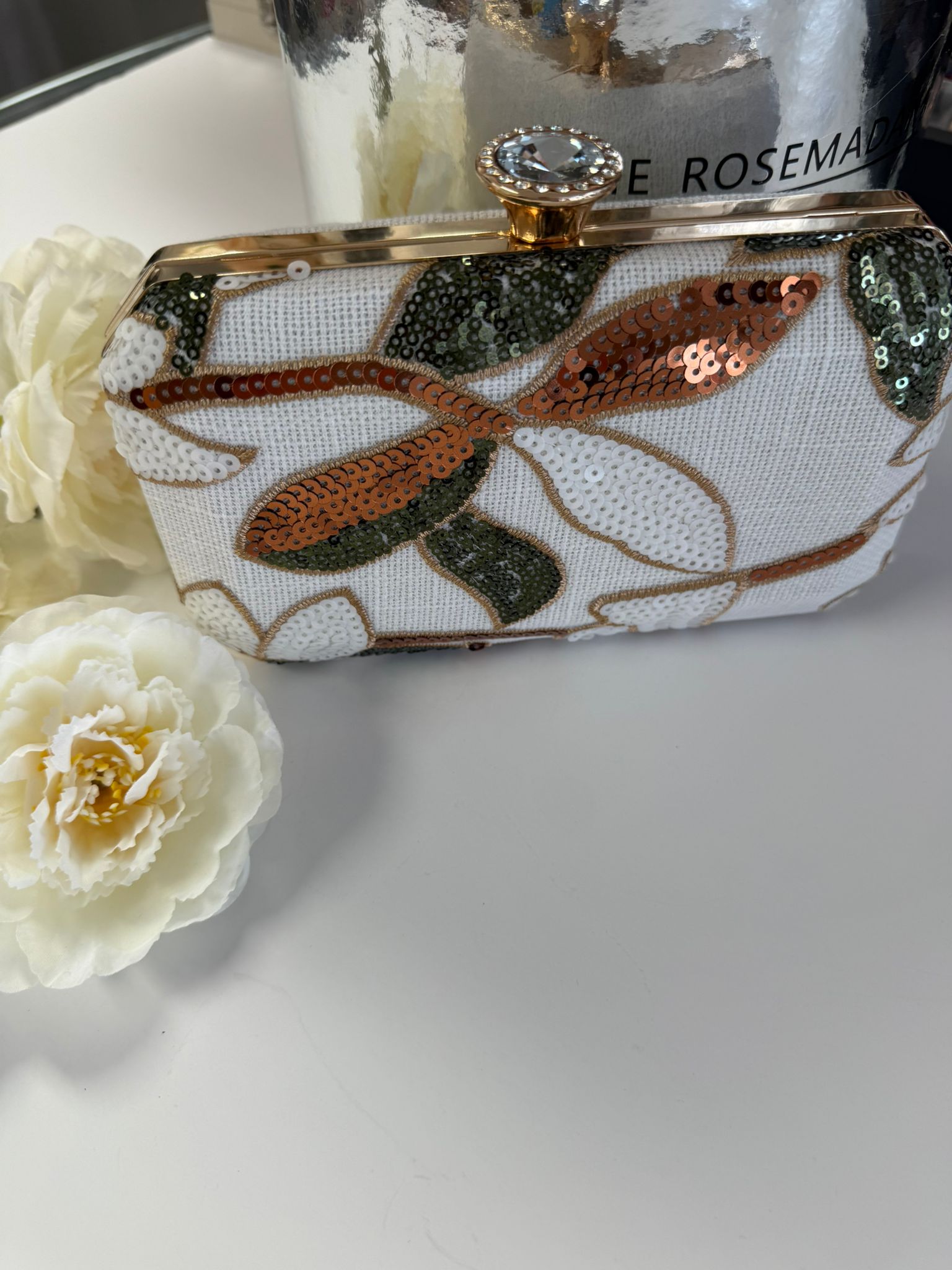 Luxury White Floral Sequin Evening Clutch