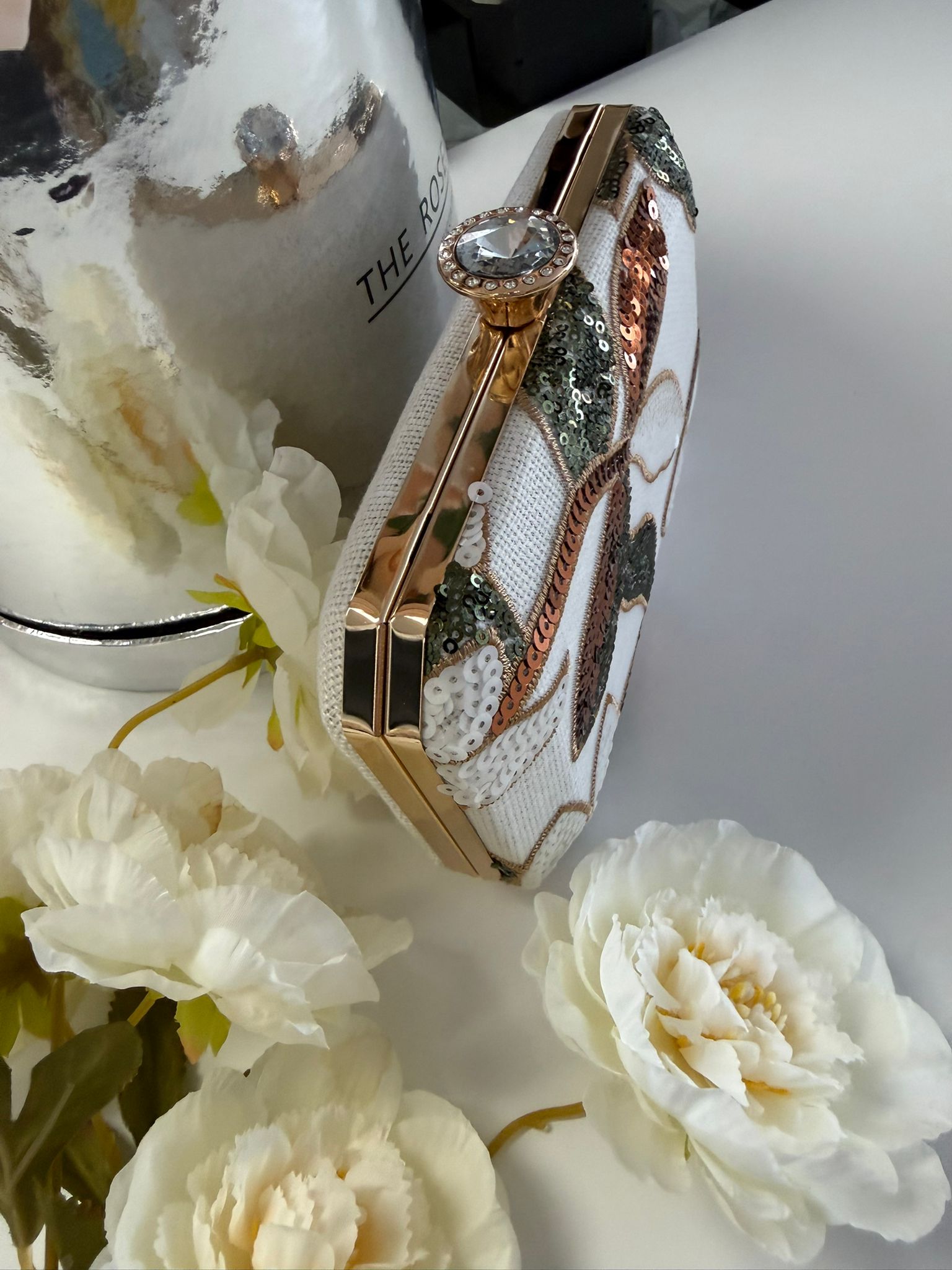 Luxury White Floral Sequin Evening Clutch