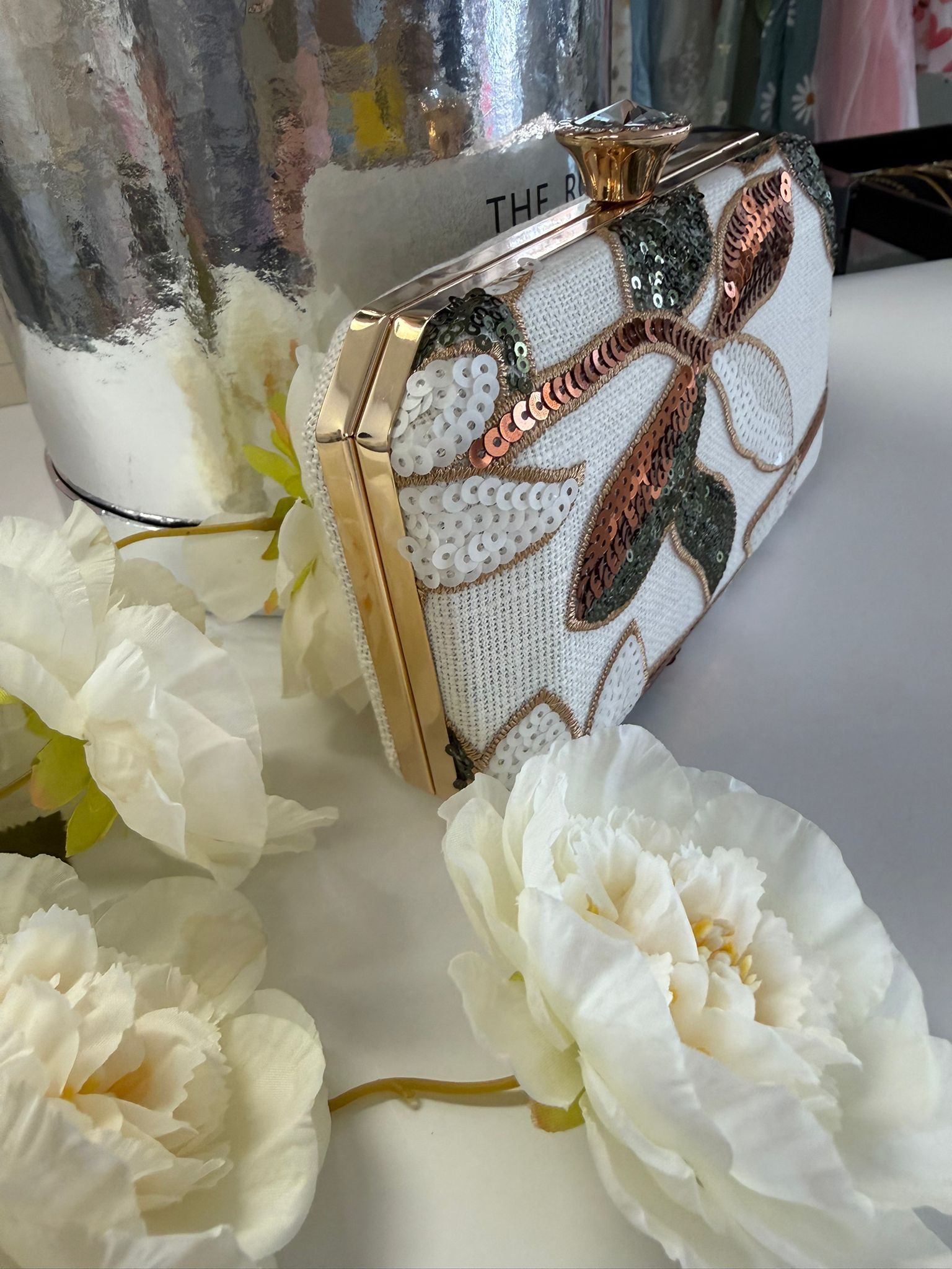 Luxury White Floral Sequin Evening Clutch