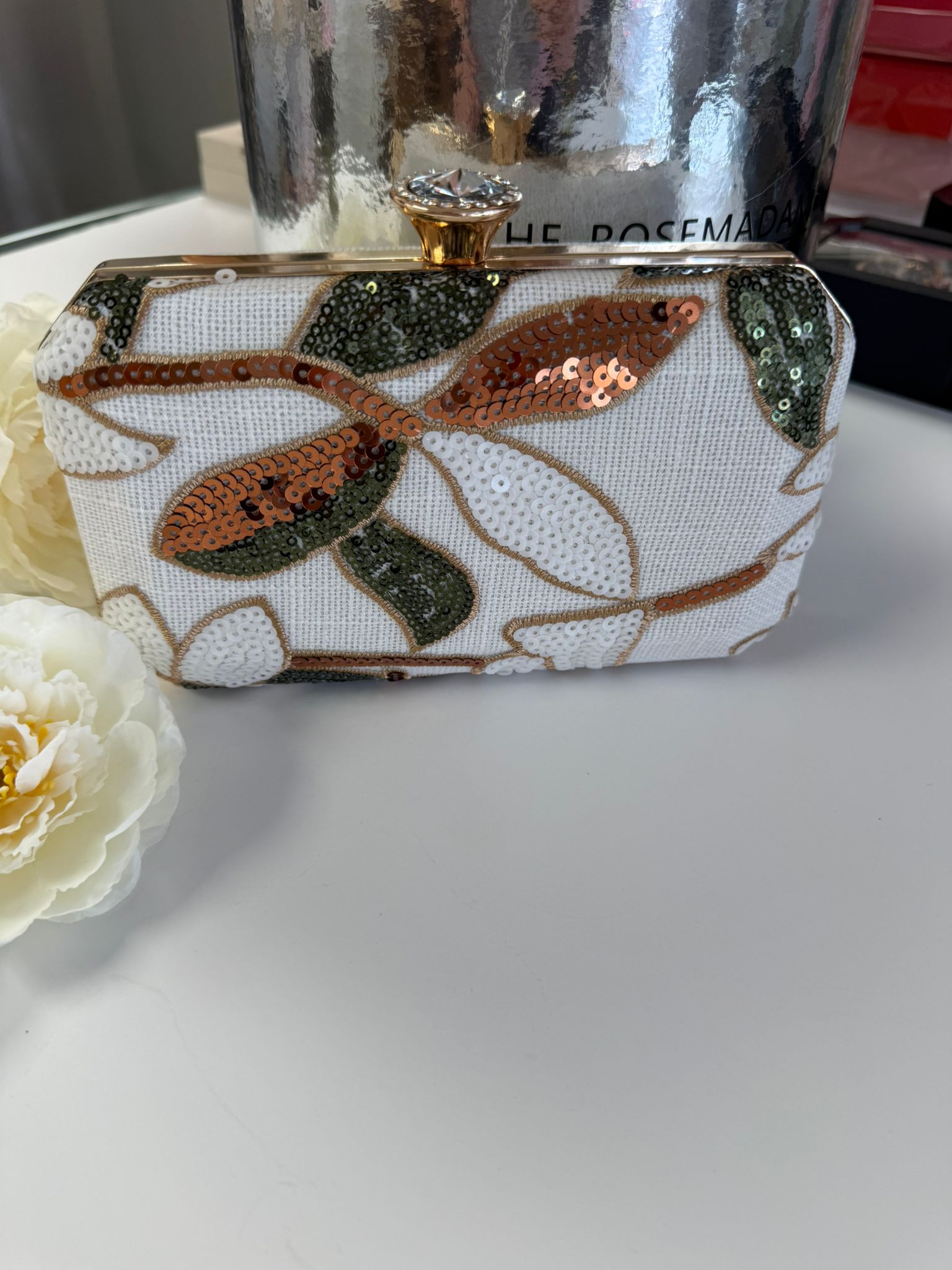 Luxury White Floral Sequin Evening Clutch