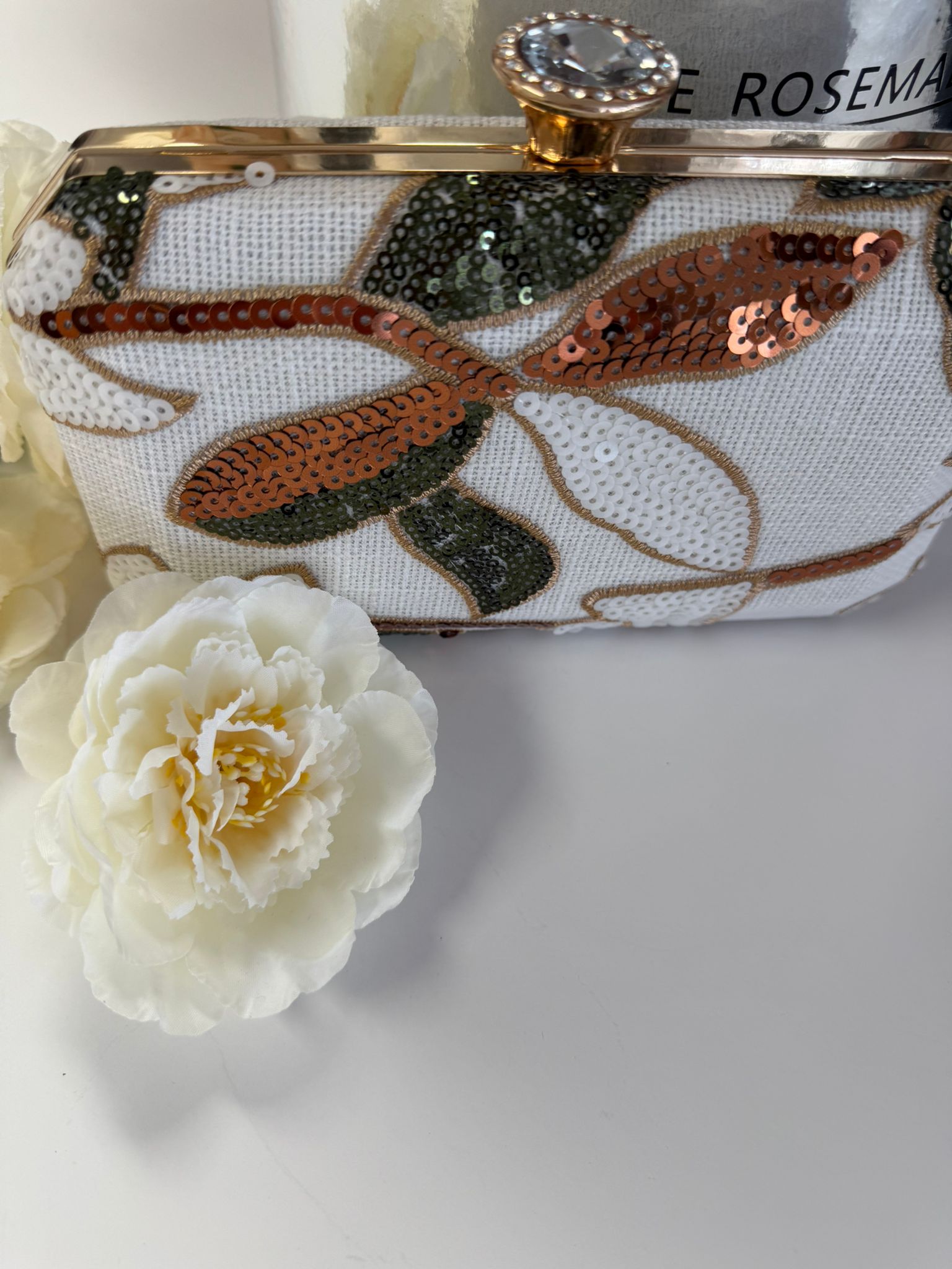 Luxury White Floral Sequin Evening Clutch