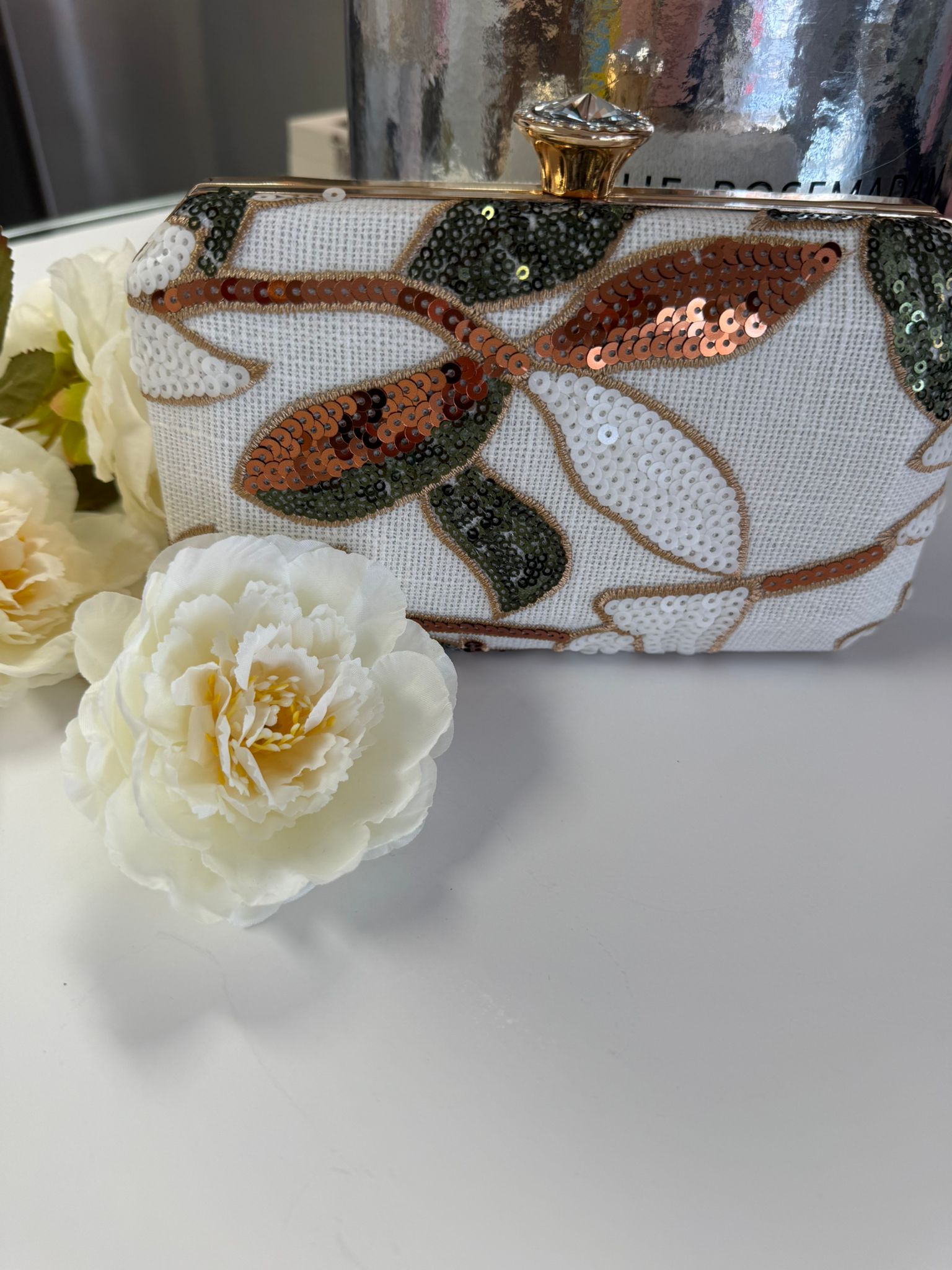 Luxury White Floral Sequin Evening Clutch