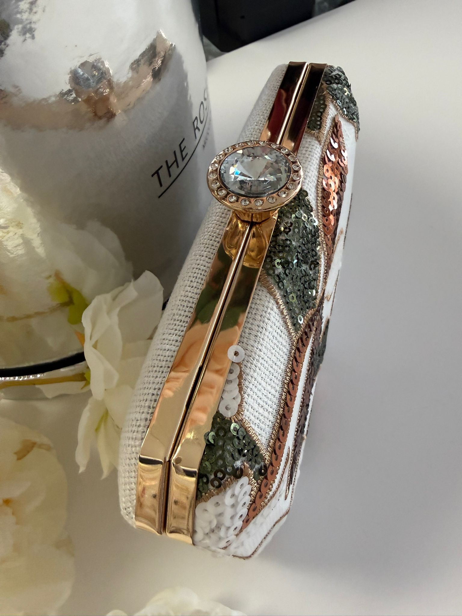 Luxury White Floral Sequin Evening Clutch