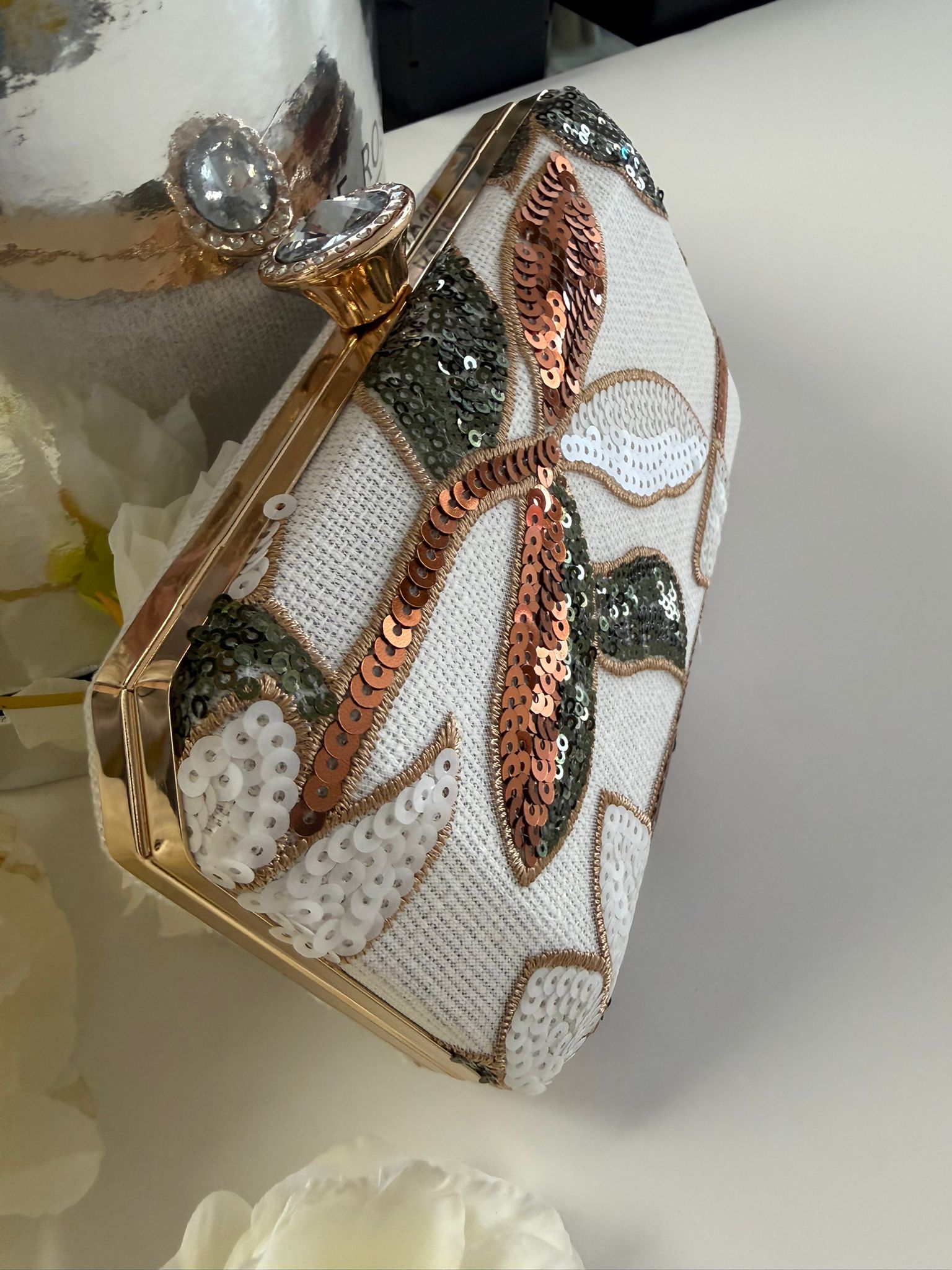 Luxury White Floral Sequin Evening Clutch