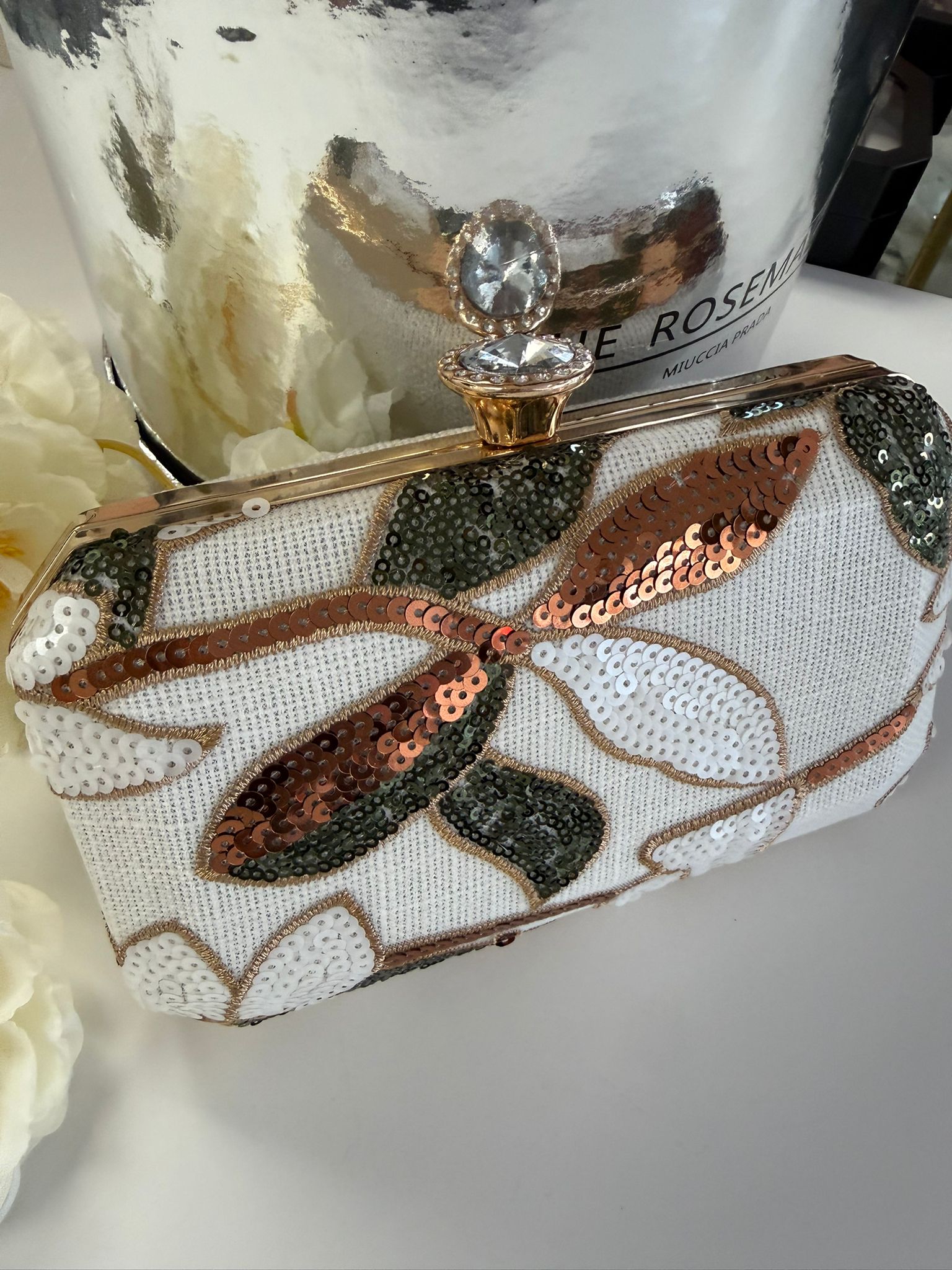 Luxury White Floral Sequin Evening Clutch