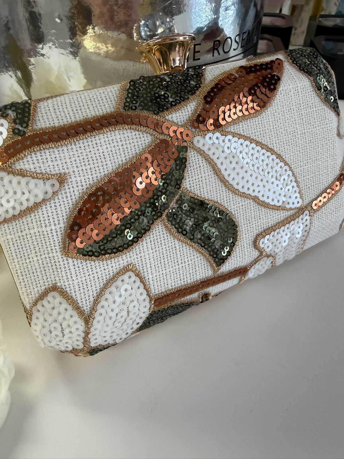 Luxury White Floral Sequin Evening Clutch