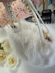 Luxury White Faux Fur Handbag with Pearl Chain