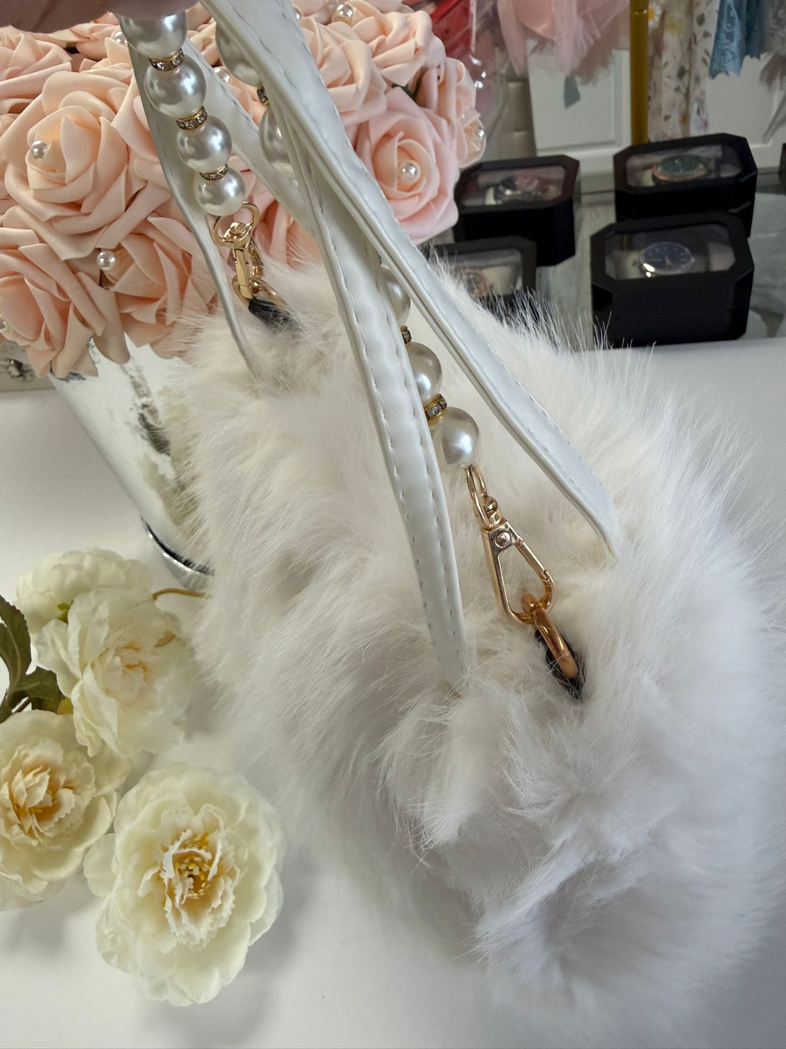 Luxury White Faux Fur Handbag with Pearl Chain
