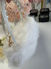 Luxury White Faux Fur Handbag with Pearl Chain