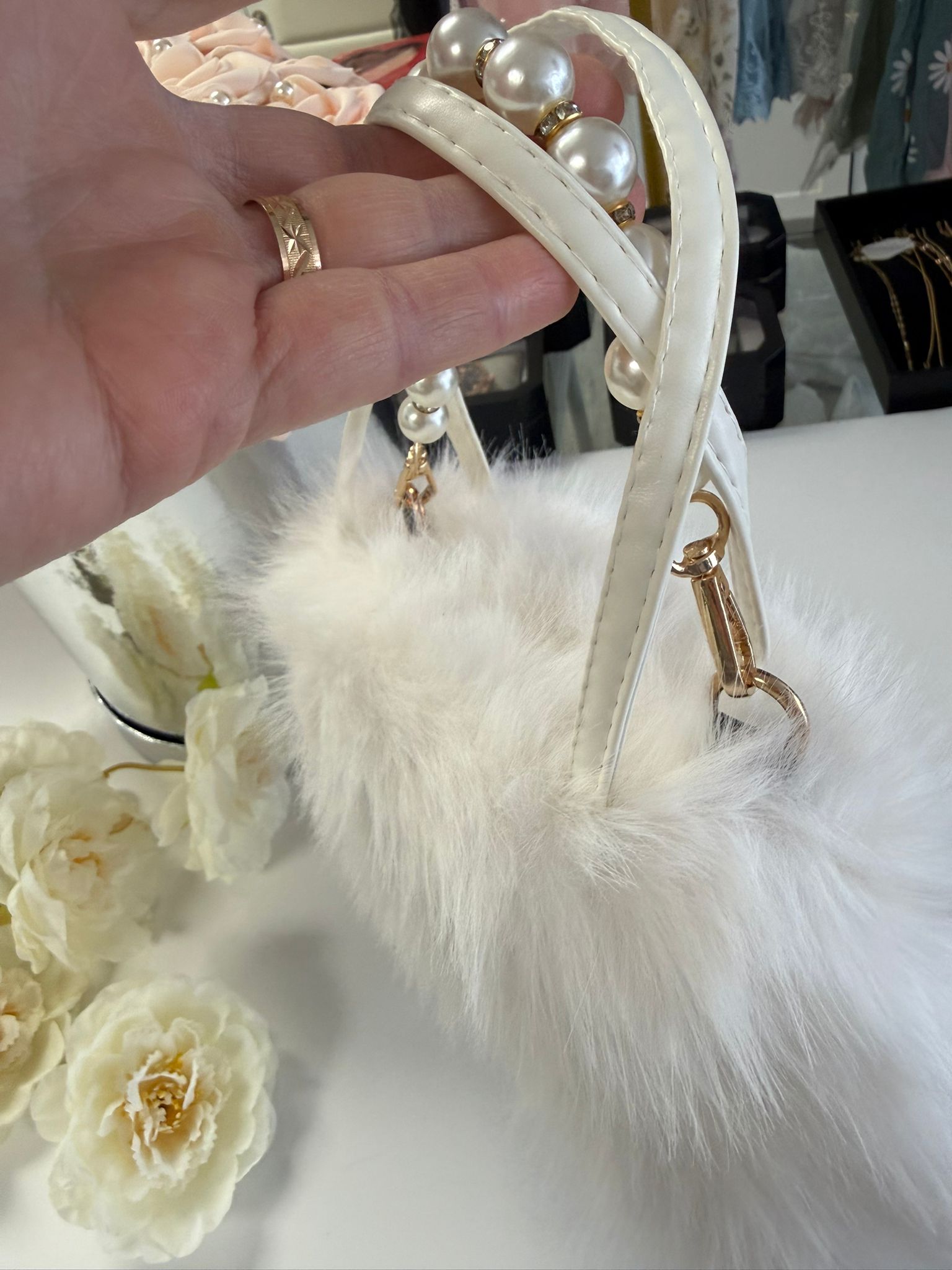 Luxury White Faux Fur Handbag with Pearl Chain