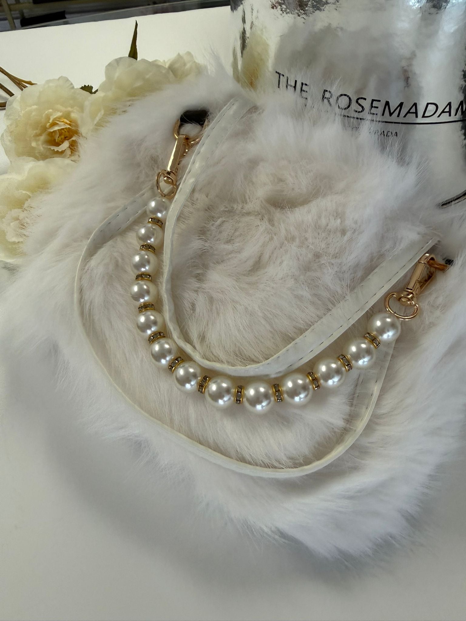 Luxury White Faux Fur Handbag with Pearl Chain