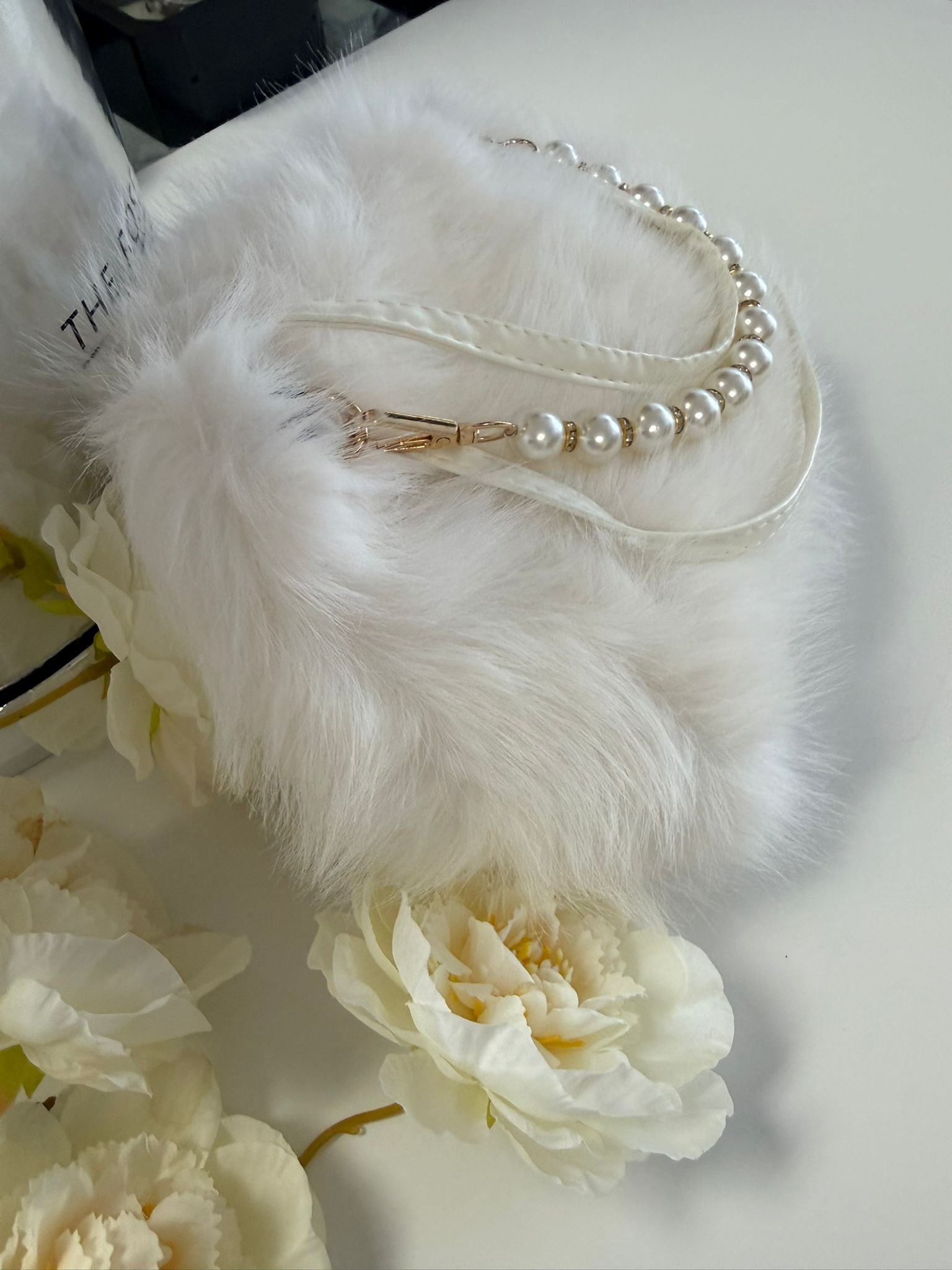 Luxury White Faux Fur Handbag with Pearl Chain