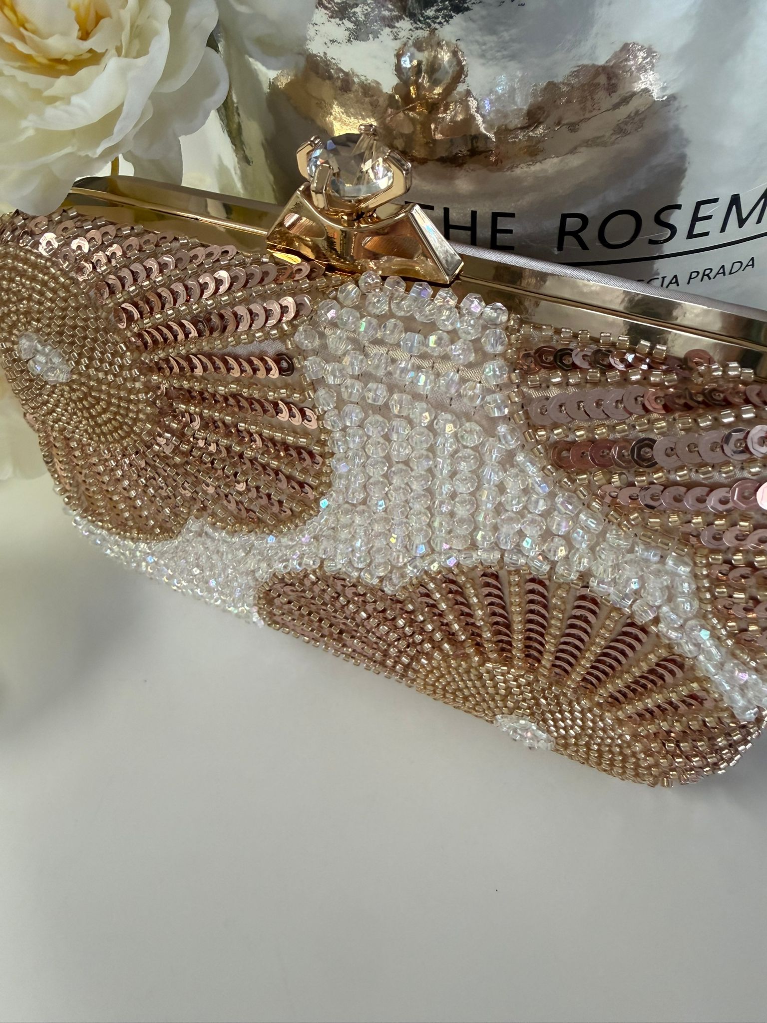 Luxury Pearl & Gold Floral Beaded Evening Clutch