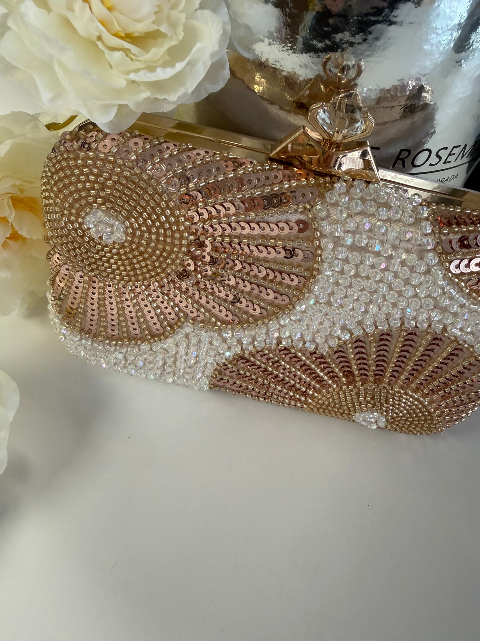 Luxury Pearl & Gold Floral Beaded Evening Clutch