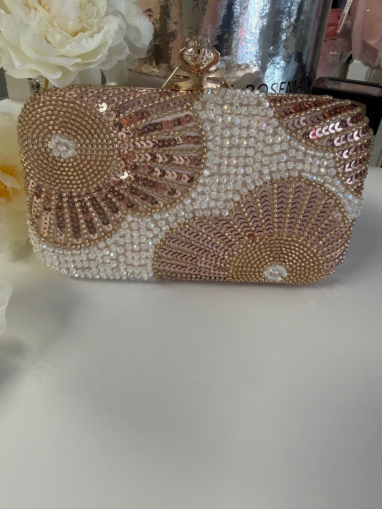 Luxury Pearl & Gold Floral Beaded Evening Clutch