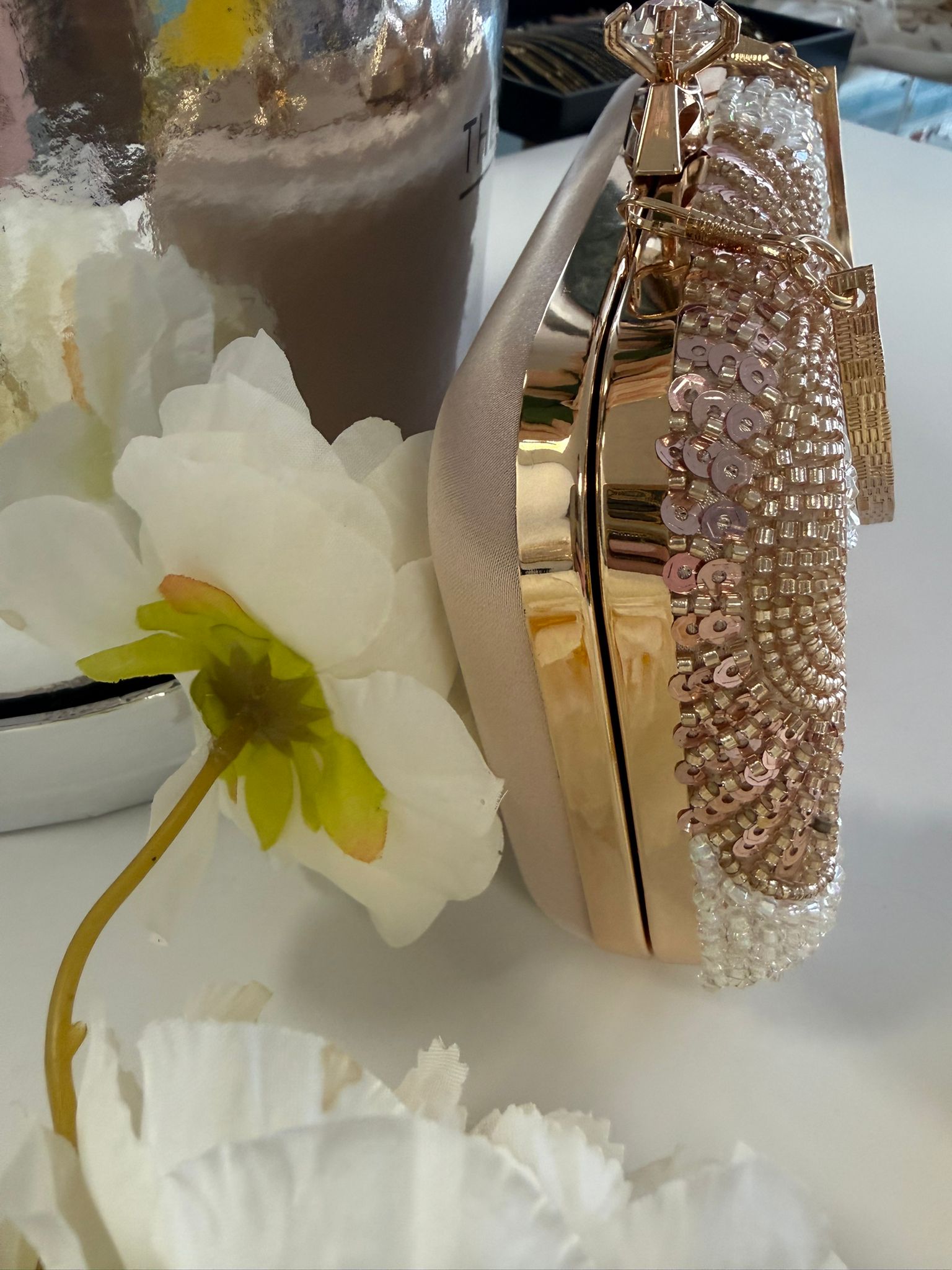 Luxury Pearl & Gold Floral Beaded Evening Clutch