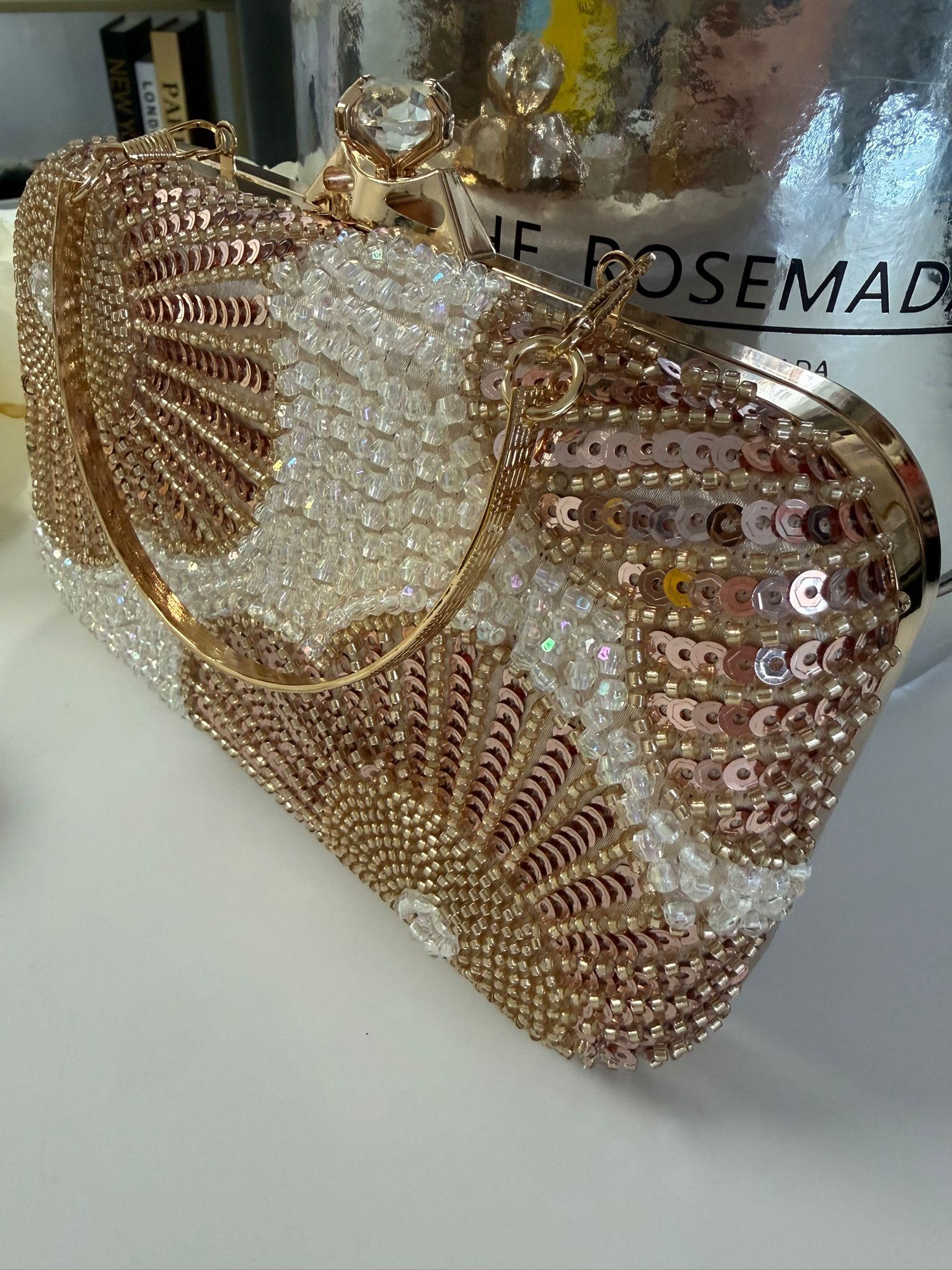 Luxury Pearl & Gold Floral Beaded Evening Clutch