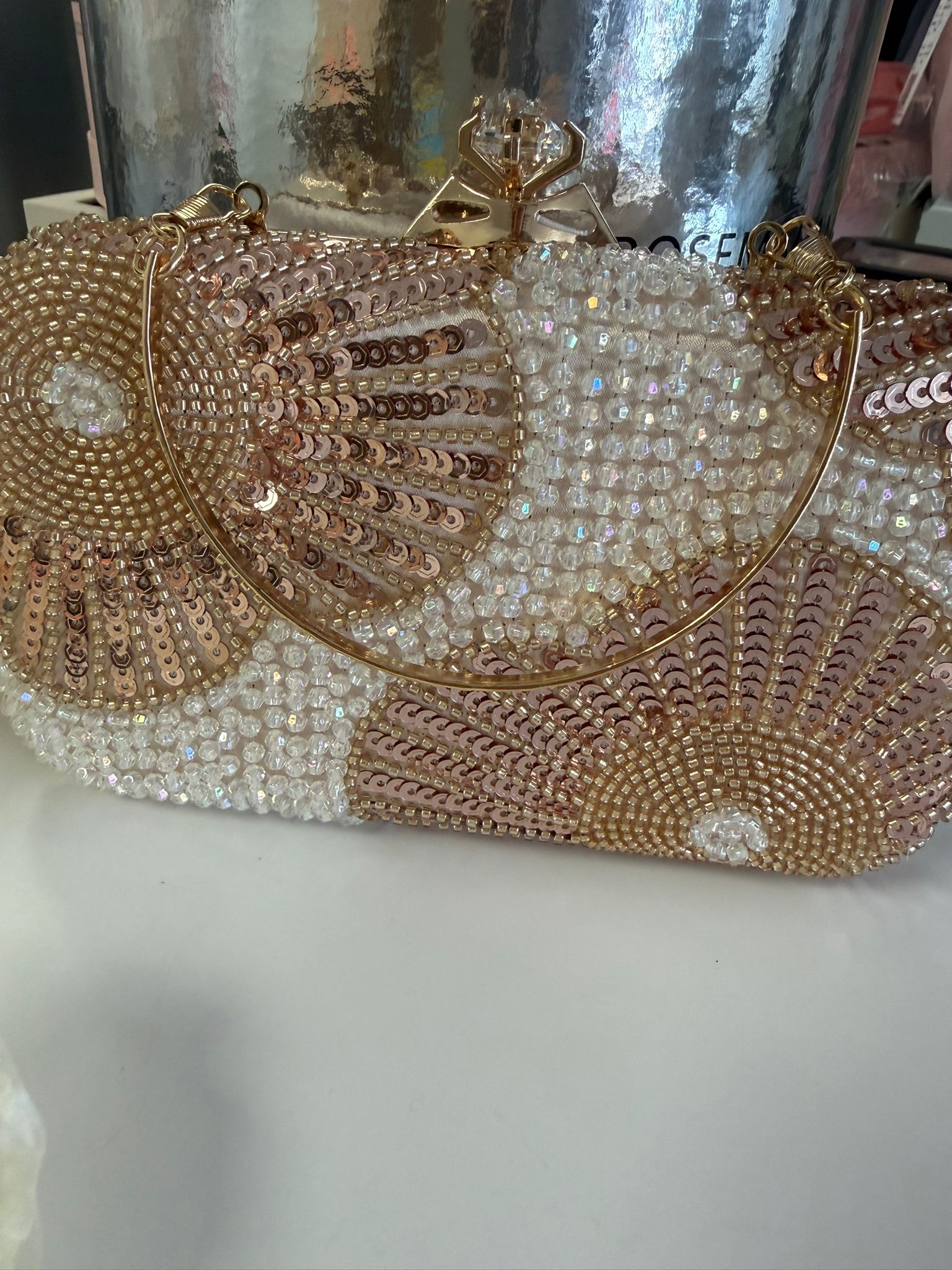 Luxury Pearl & Gold Floral Beaded Evening Clutch