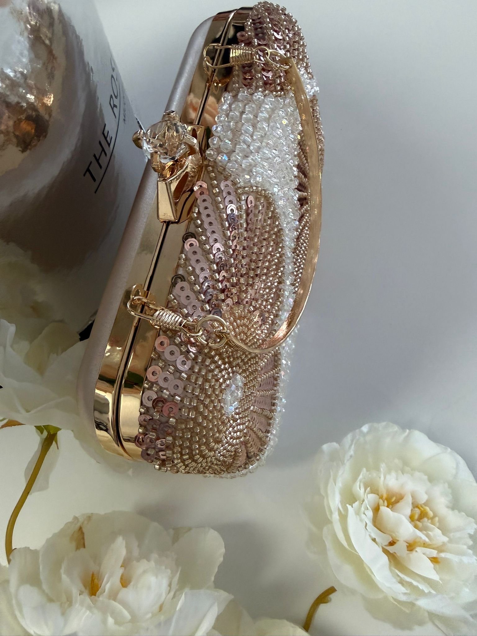 Luxury Pearl & Gold Floral Beaded Evening Clutch